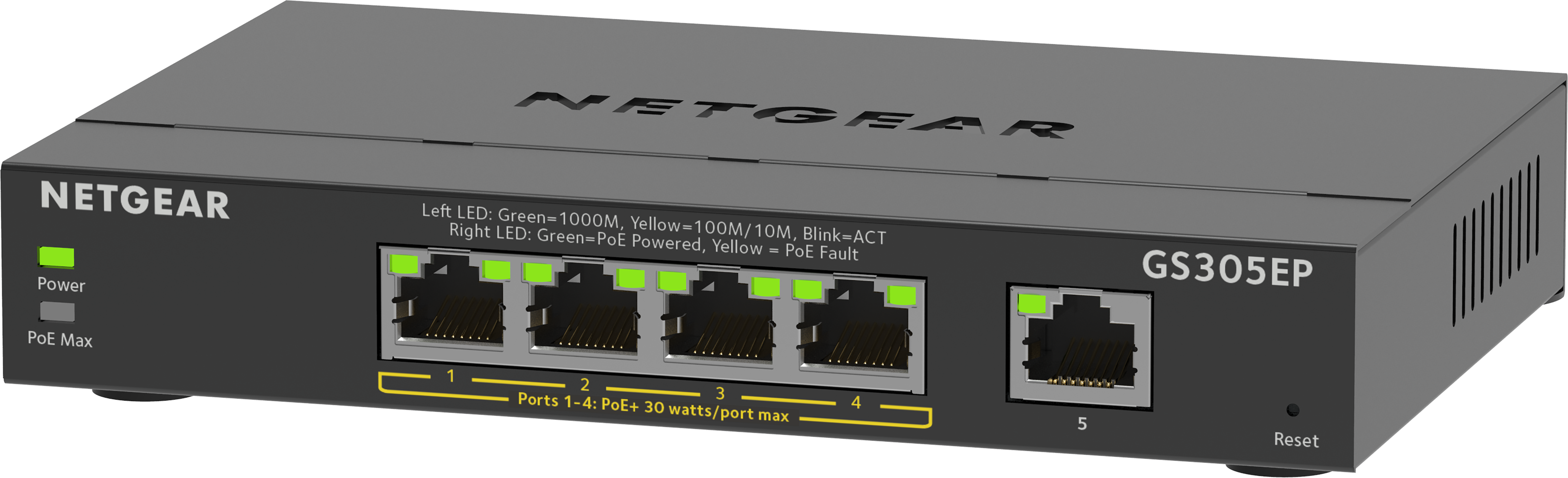 A black Netgear GS305EP network switch, featuring five ports with green and yellow LED indicators.