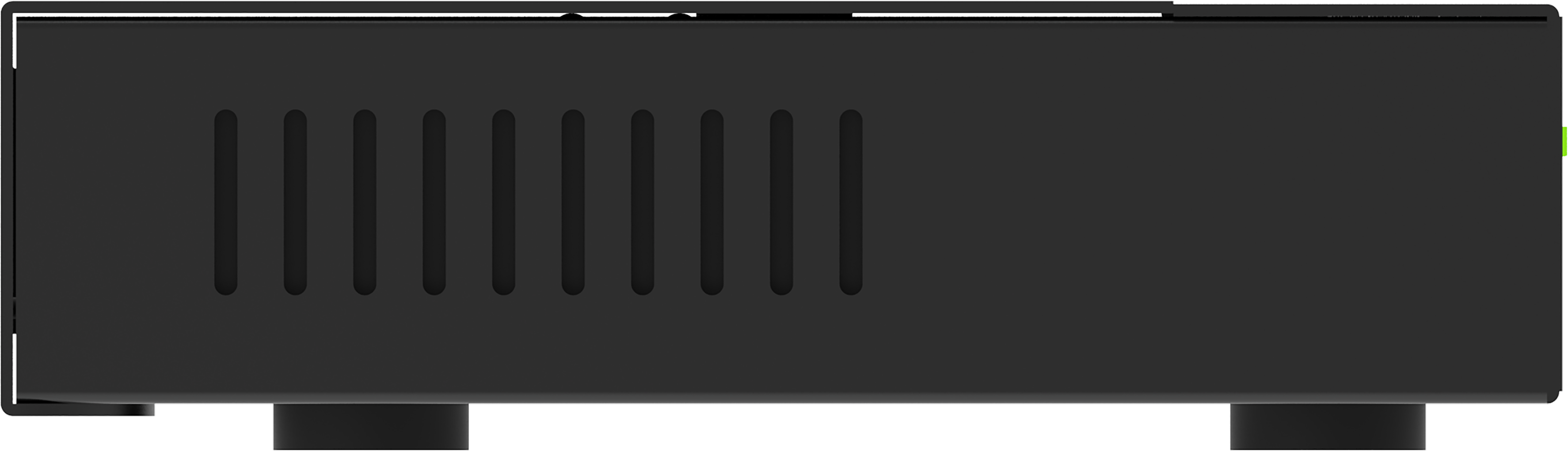 A black device with vents on the side and a power connector on the back.