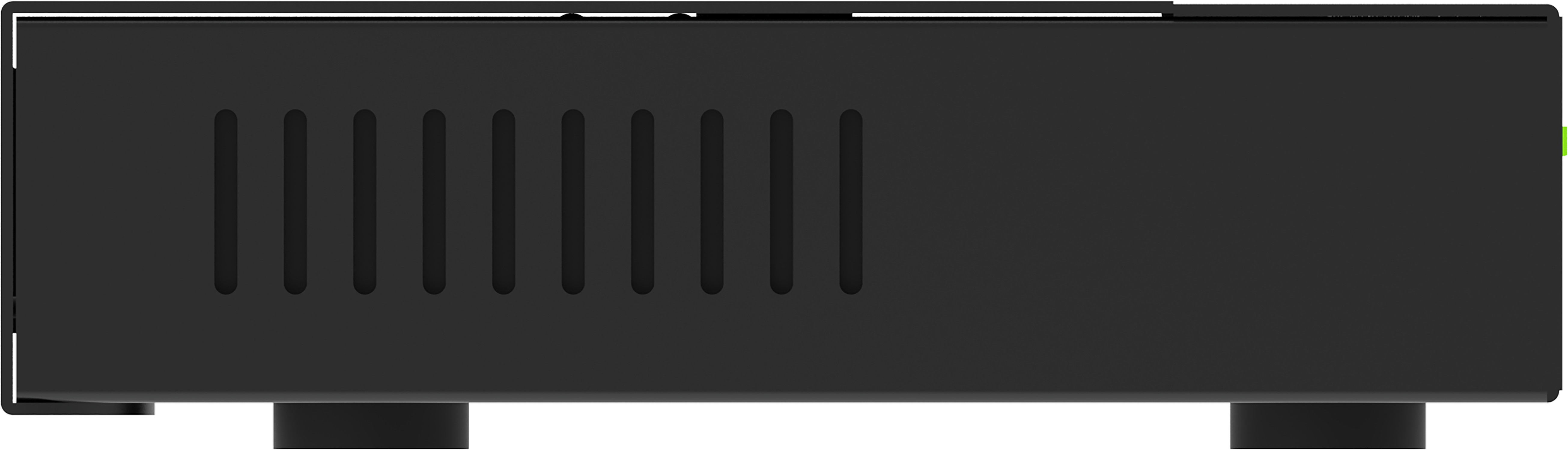 A black device with vents on the side and a power connector on the back.