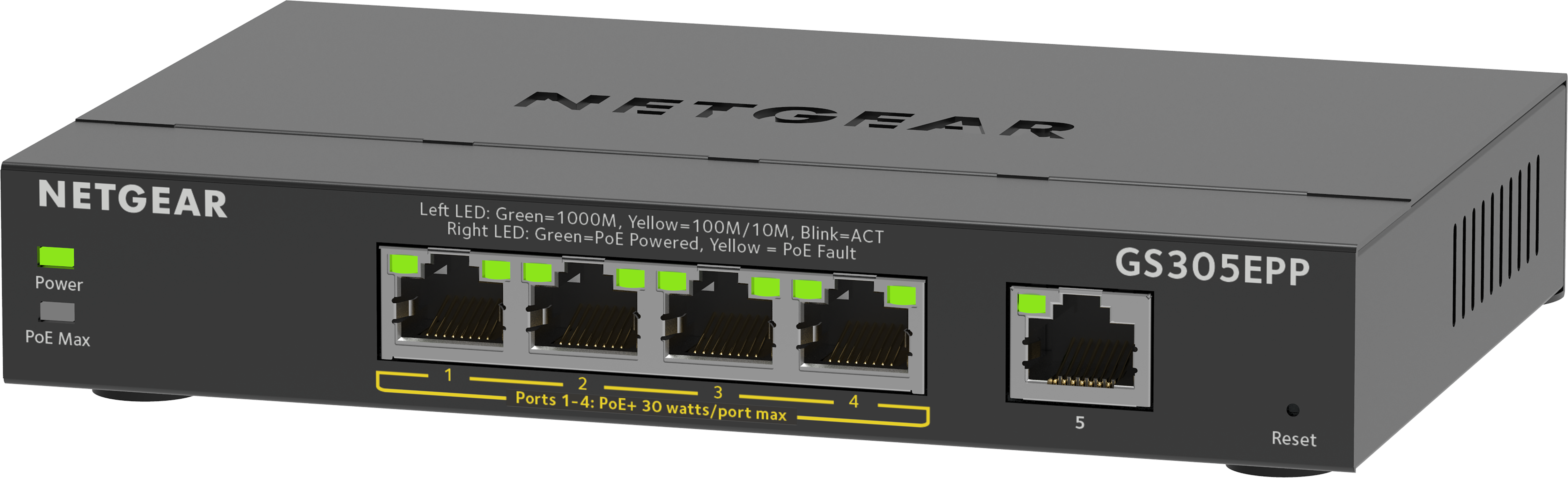 Netgear GS305EPP switch with five ports, green and yellow LEDs, and text labels.