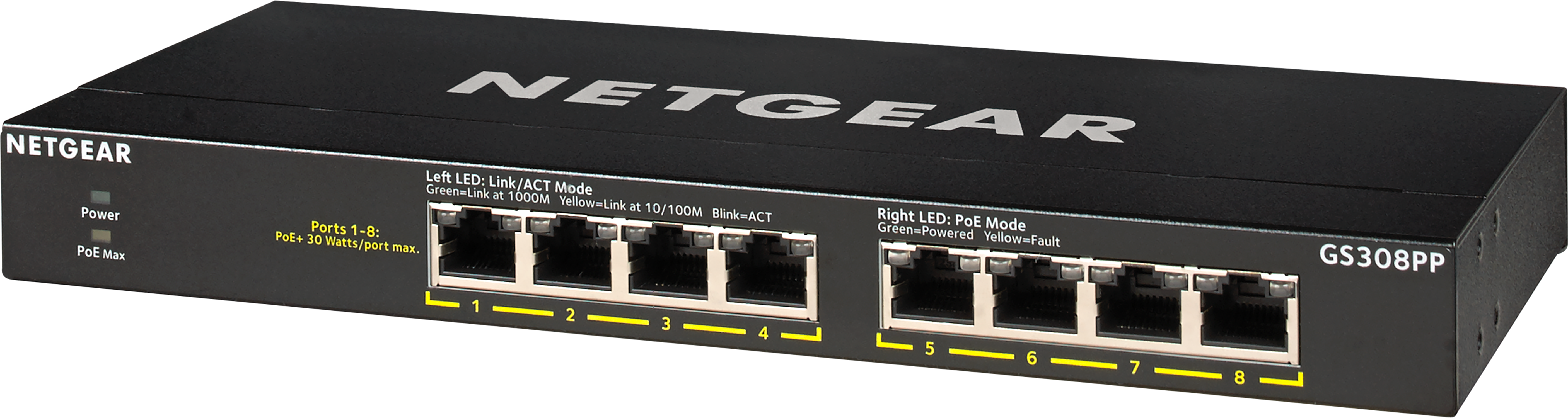 A black network switch with eight ports and the NETGEAR brand name.