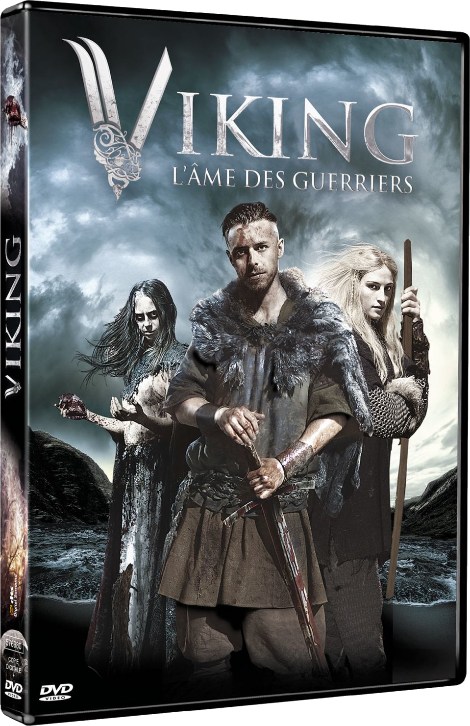 DVD-cover, film 'Viking'. Drie mensen voor een bewolkte achtergrond. Zwarte case.