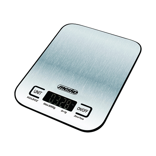 Ezüst digitális konyhai mérleg fekete kijelzővel. 0,328 kg-ot mutat. Egység és be/ki gombokkal.