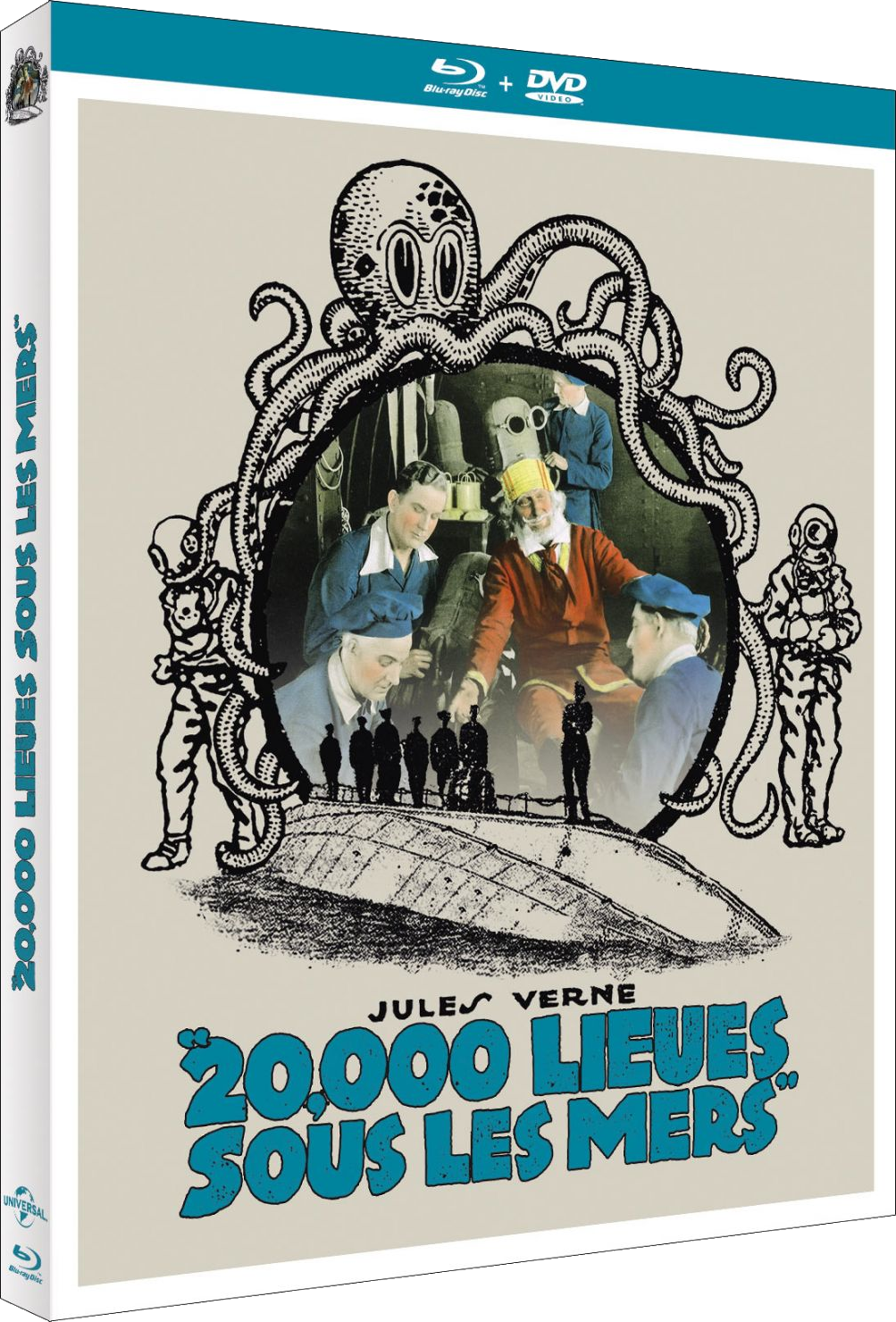 Boîtier Blu-ray avec une illustration vintage d'un poulpe et de personnes à l'intérieur d'un sous-marin.