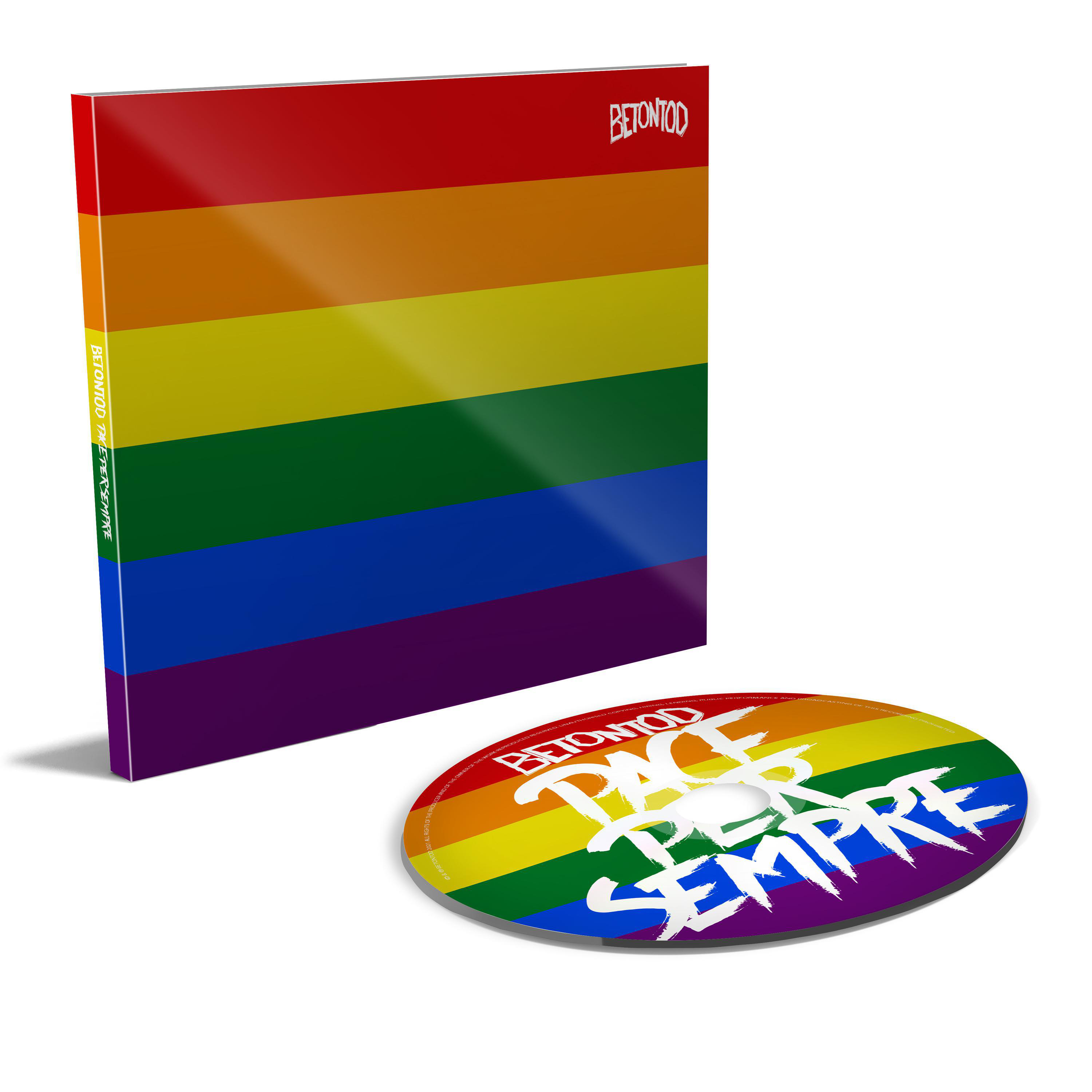 Albumcover mit Regenbogen-Design und CD mit passendem Design.
