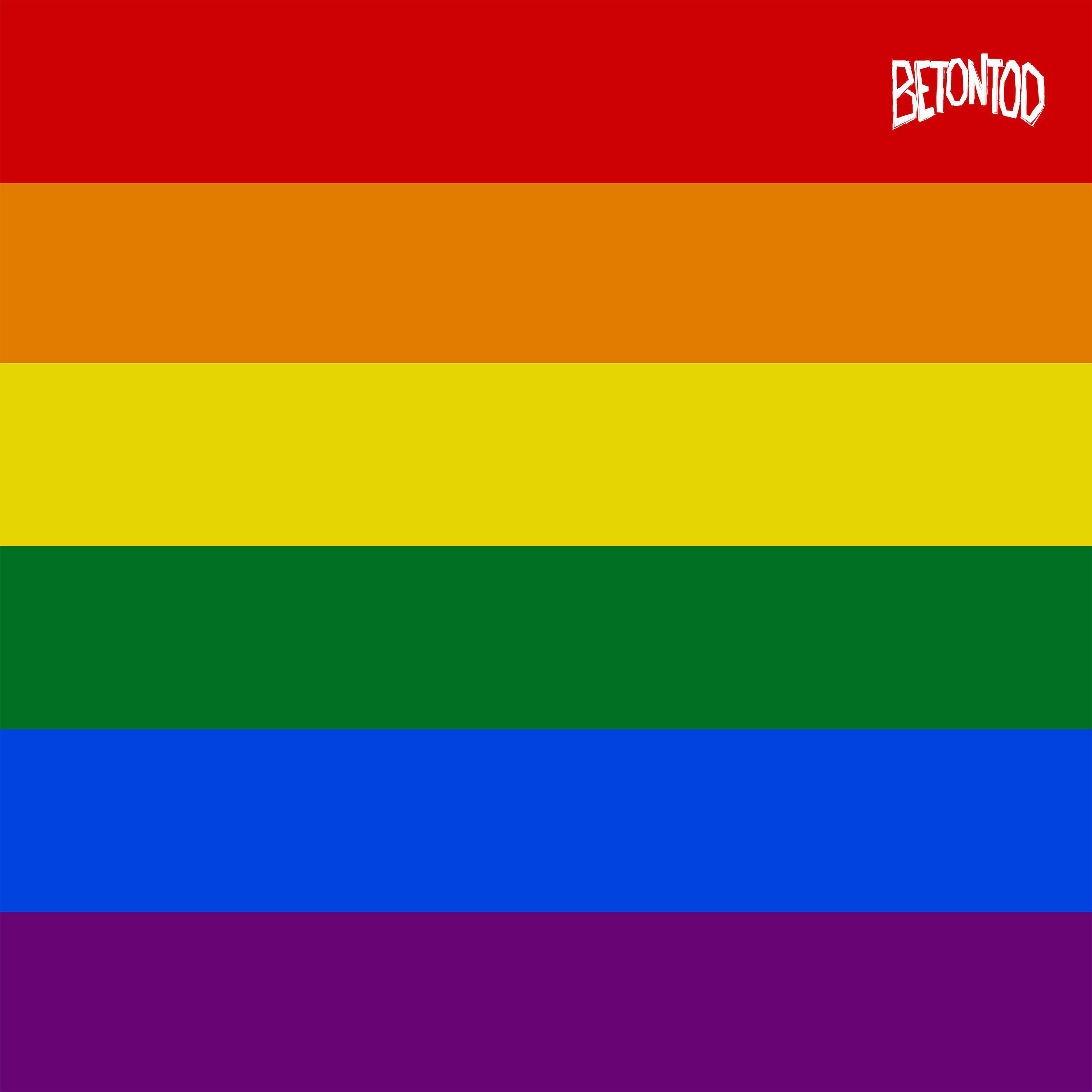 Die Pride-Flagge mit roten, orangefarbenen, gelben, grünen, blauen und lila Streifen. Der Text 'BETONTOD' steht darüber.