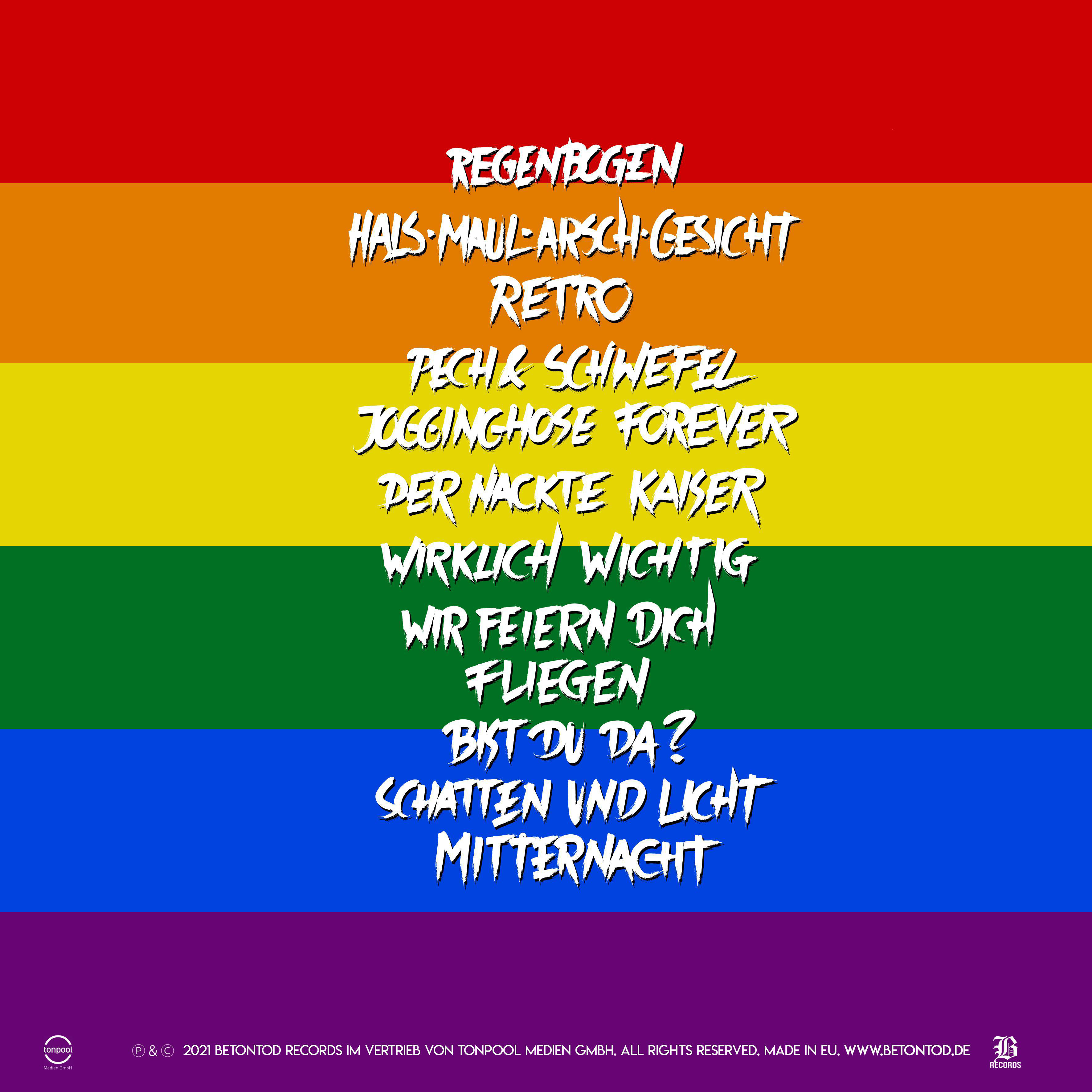 Eine regenbogenfarbene Grafik mit deutschem Text. Enthält Sätze wie "Regenbogen", "Retro" und "Schatten und Licht".