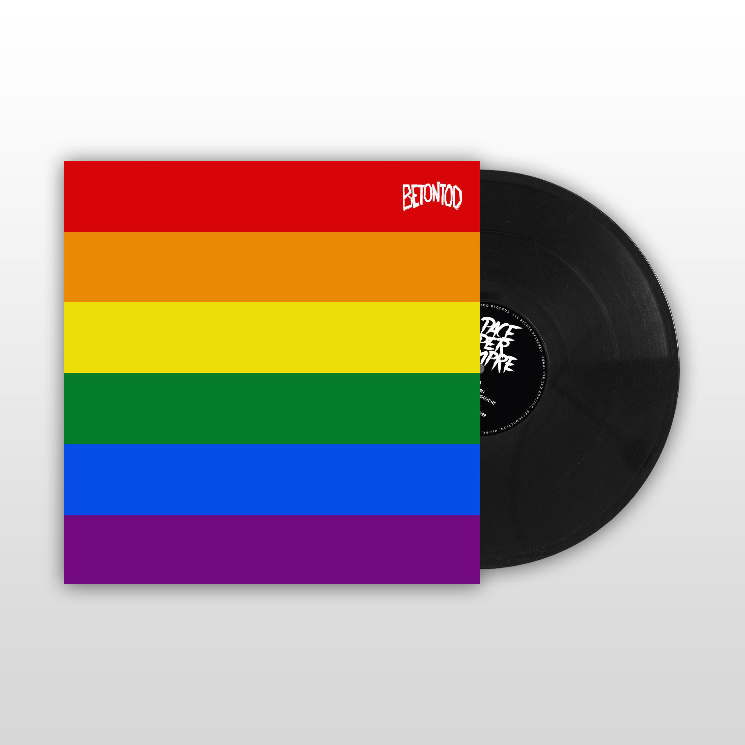 Regenbogenflagge Vinyl-Schallplattenhülle. Schwarze Vinyl-Schallplatte. Betontod Bandlogo.