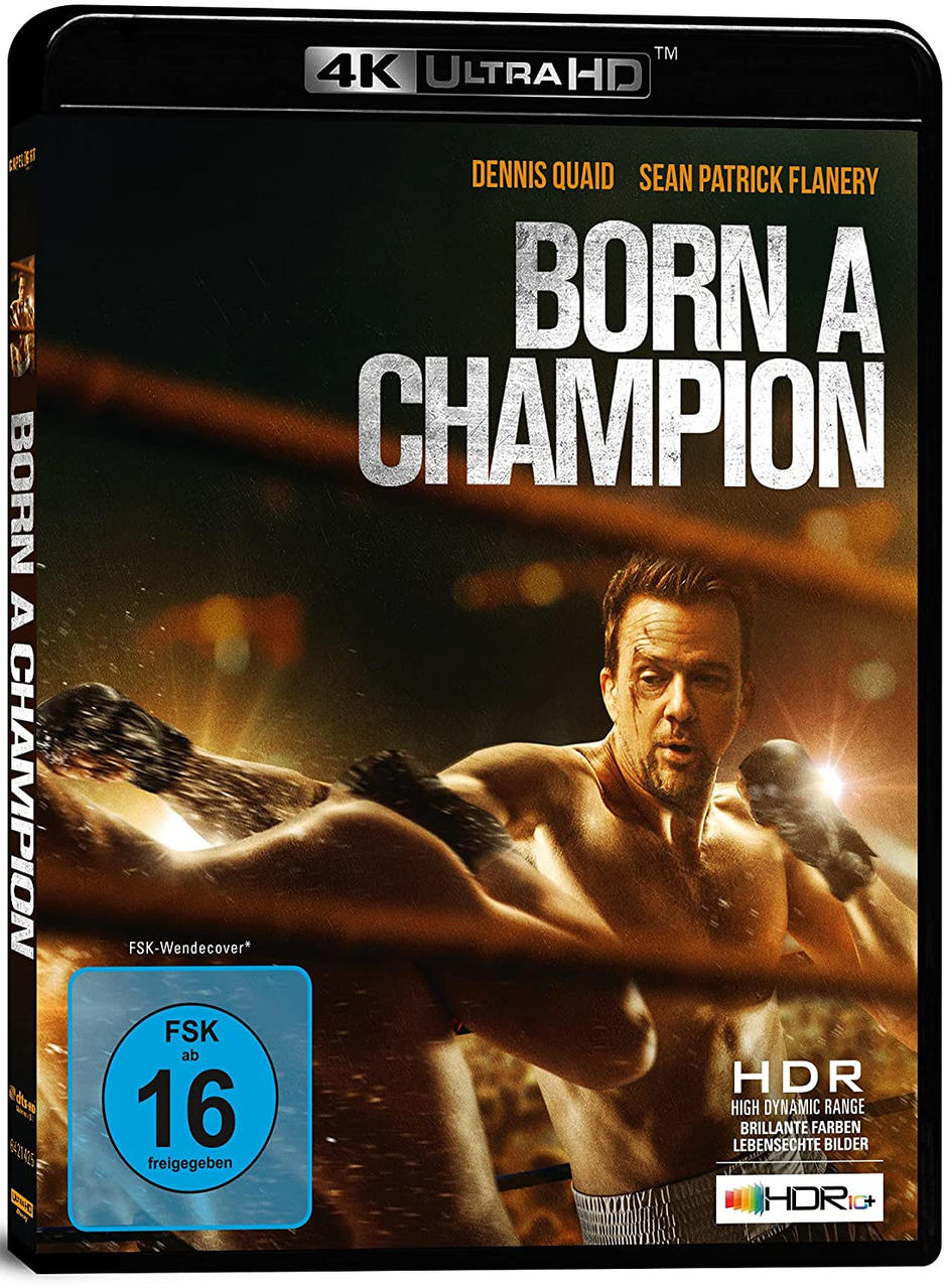 Ein Filmcover eines Mannes im Ring in einer Boxszene. Der Titel lautet "Born a Champion".