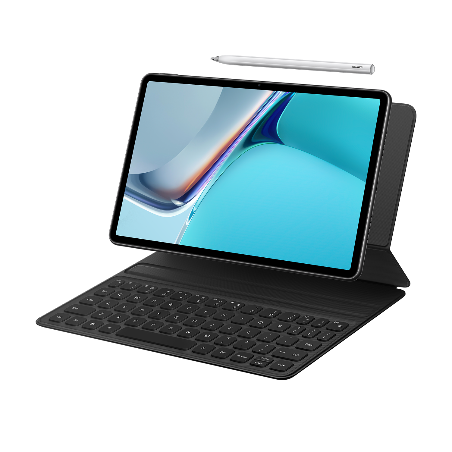 Tableta con teclado. La tableta es negra, el teclado está conectado y el lápiz arriba.