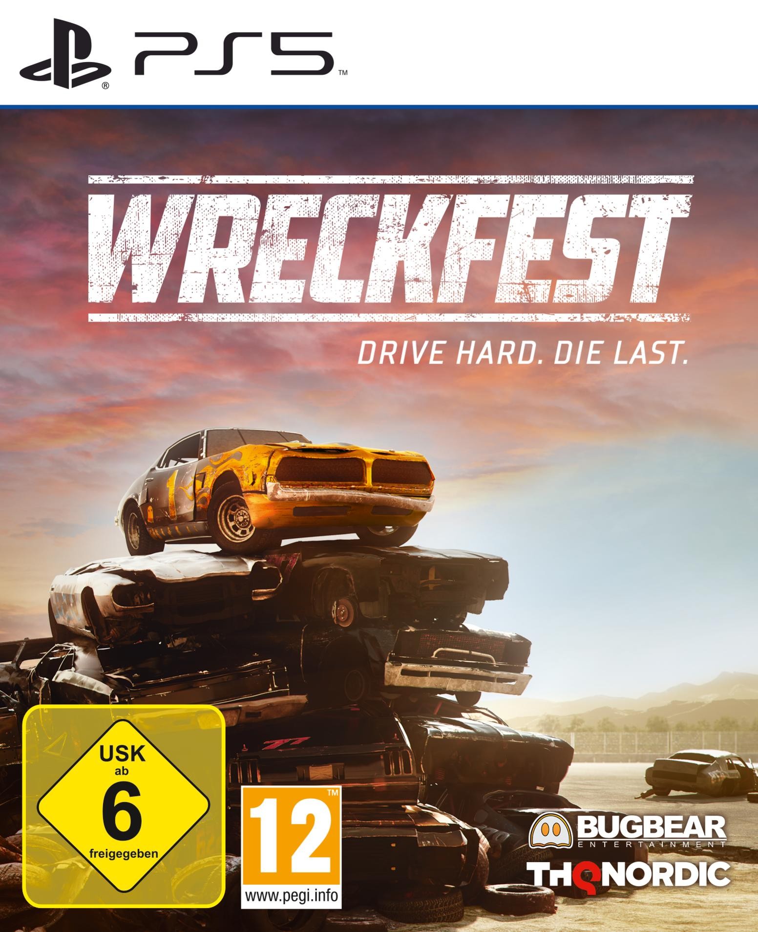 Spiel-Cover: „Wreckfest“. Autos kollidiert. Text „Drive Hard. Die Last.“ und USK-Einstufung.
