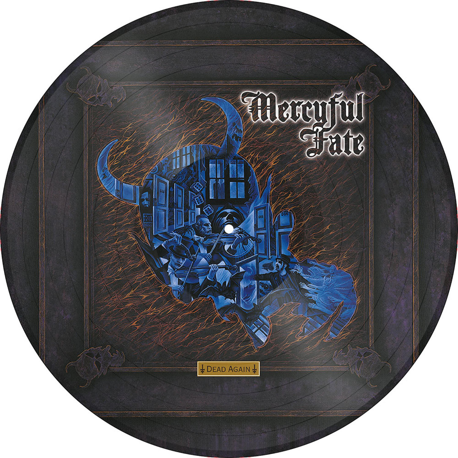 Vinyl-Schallplatte mit Mercyful Fate-Logo, blauem Teufel, Figuren und dem Text DEAD AGAIN. Der Hintergrund ist dunkel mit orangen Adern.