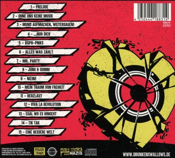 CD-Cover mit einem zerbrochenen Herz-Design auf rotem Hintergrund. Songtitel in Weiß. Schwarzer Text und Linien.