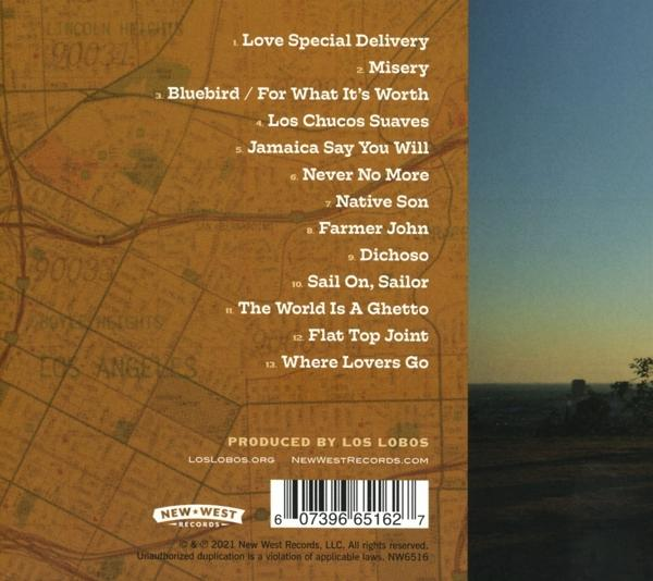 Albumcover mit Titelliste und Hintergrund einer Karte und Sonnenuntergang.