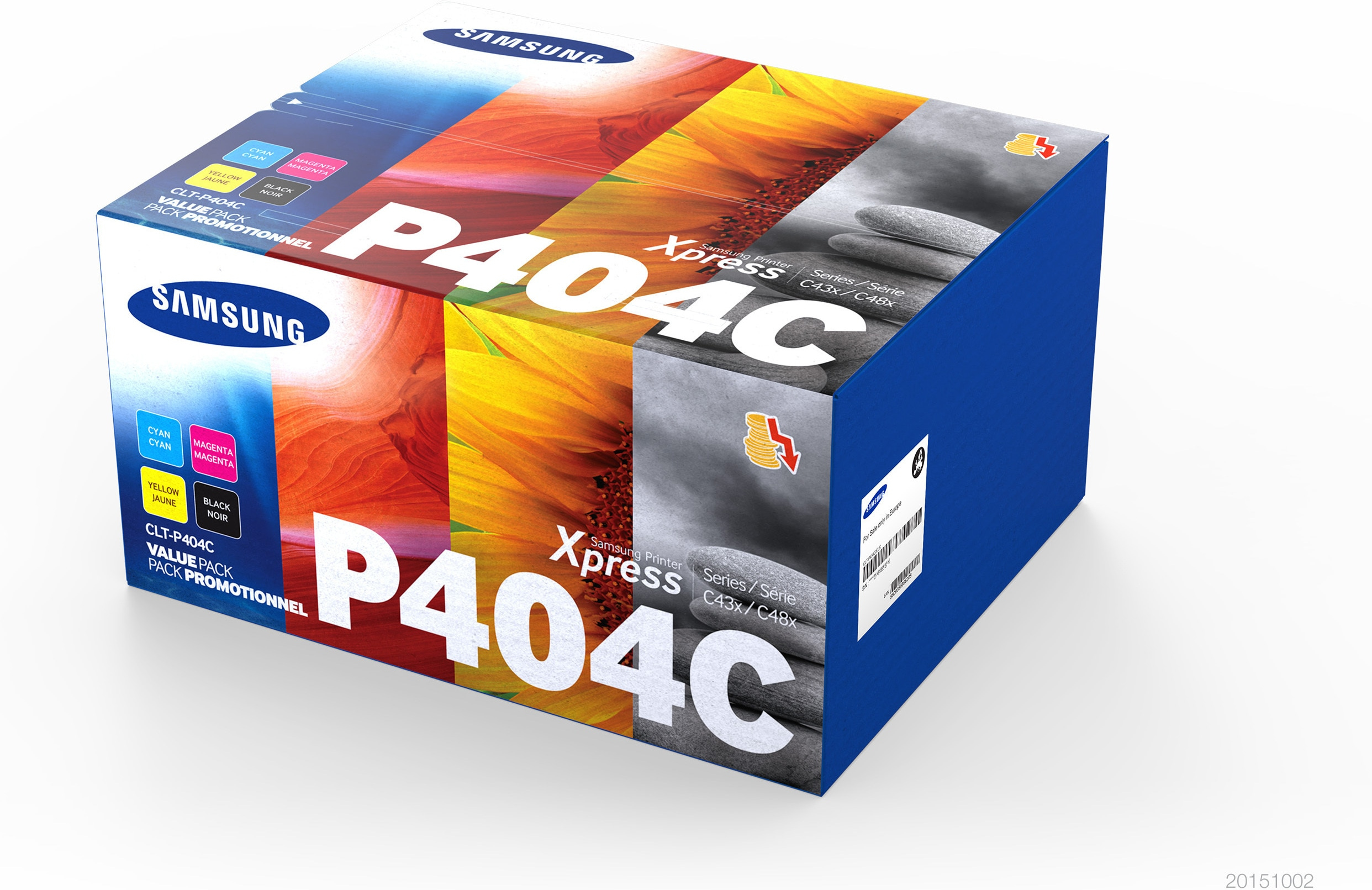 Boxed Samsung printer ink cartridges. The box has colorful images of flowers.