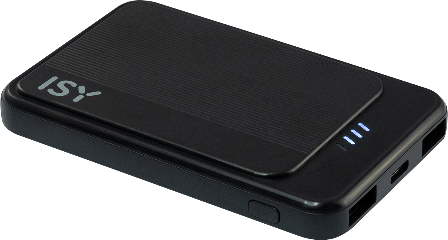 Black power bank with ISY logo. It has a small display with three blue lights.