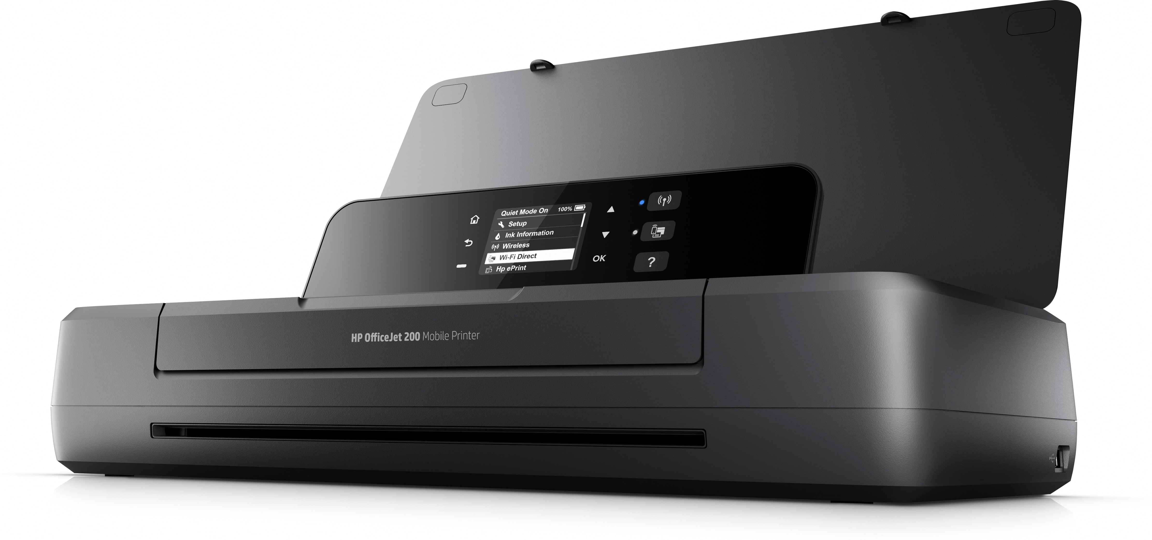 Ein schwarzer HP OfficeJet 200 Mobil-Drucker mit geöffnetem Deckel und Touchscreen-Menü.