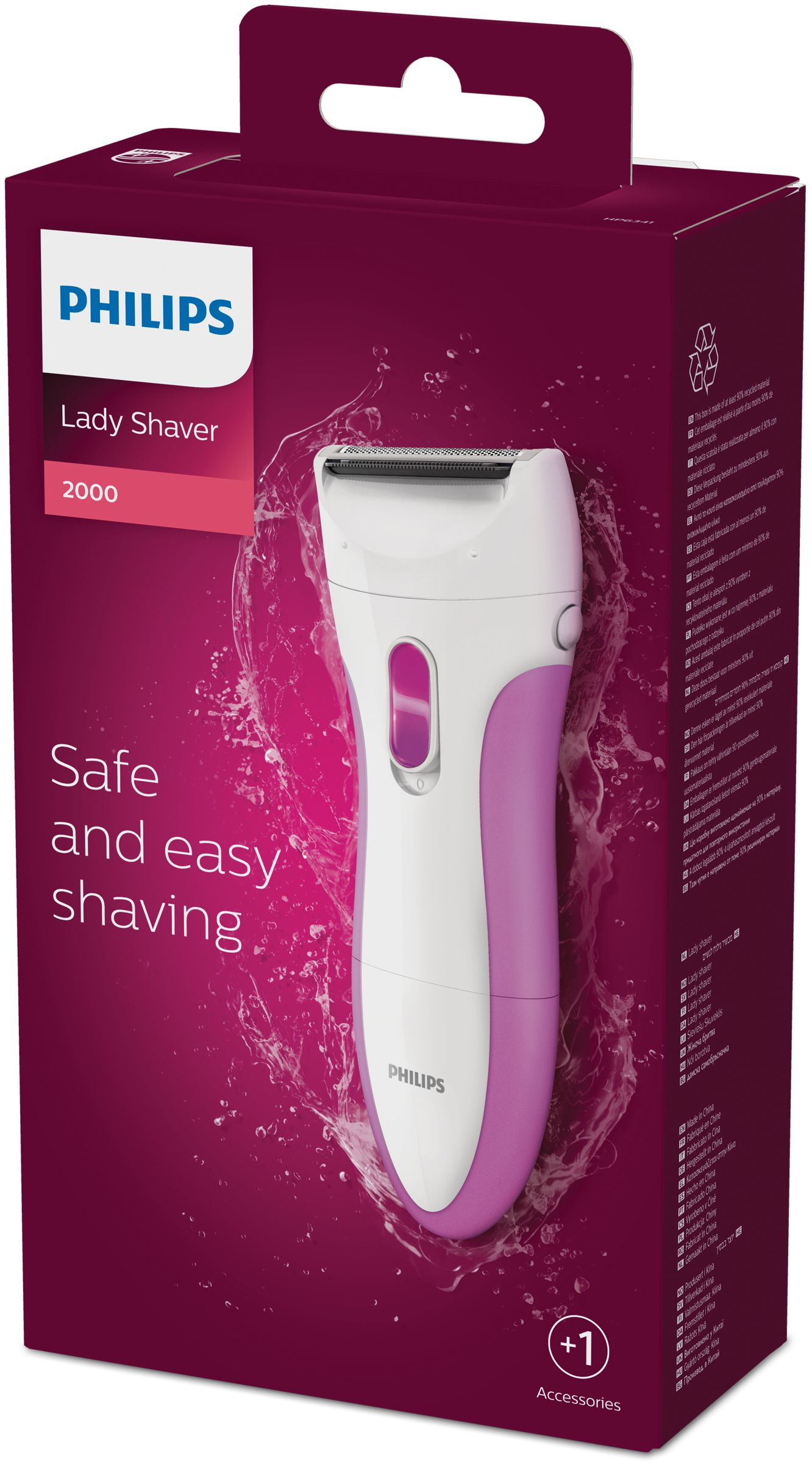 A pink and white Philips Lady Shaver in a box with water splash effect.