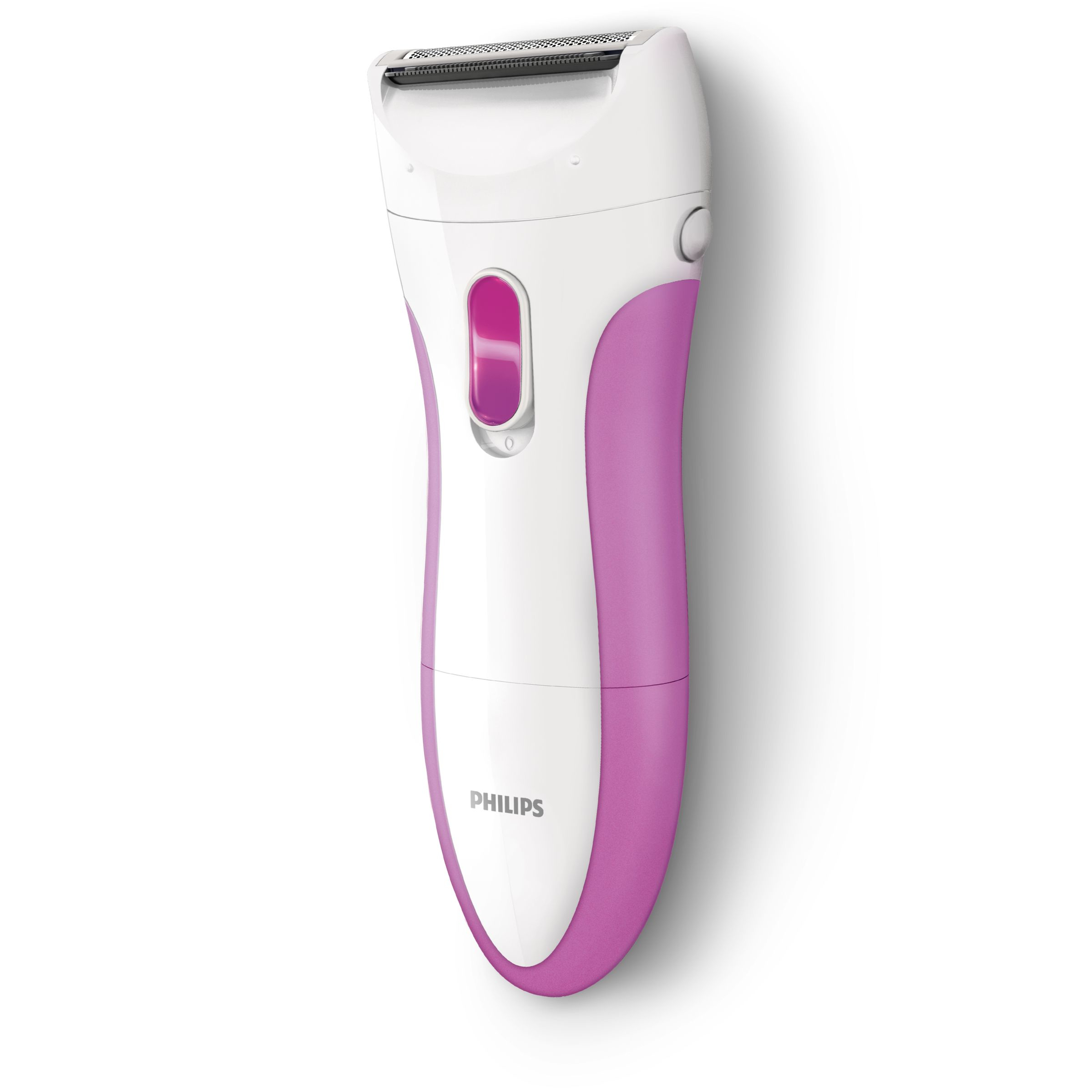 A white and pink Philips electric shaver on a white surface.