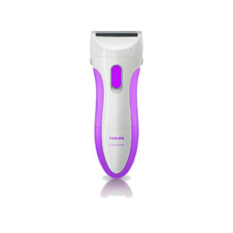 White and purple Philips LadyShave. The shaver is standing upright on a white surface.