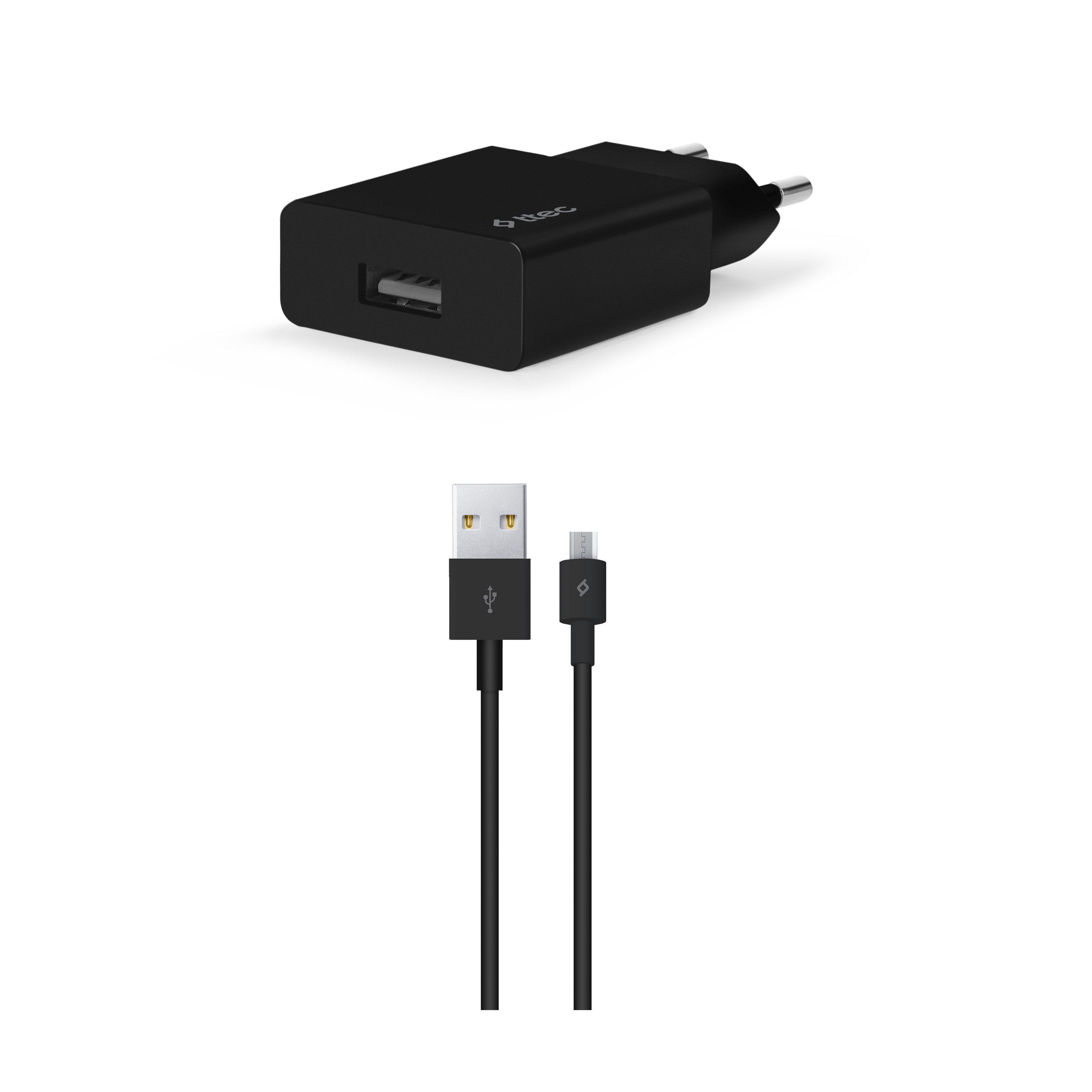 Siyah şarj cihazı ve siyah bir USB kablosu. Şarj cihazında bir USB bağlantı noktası var.
