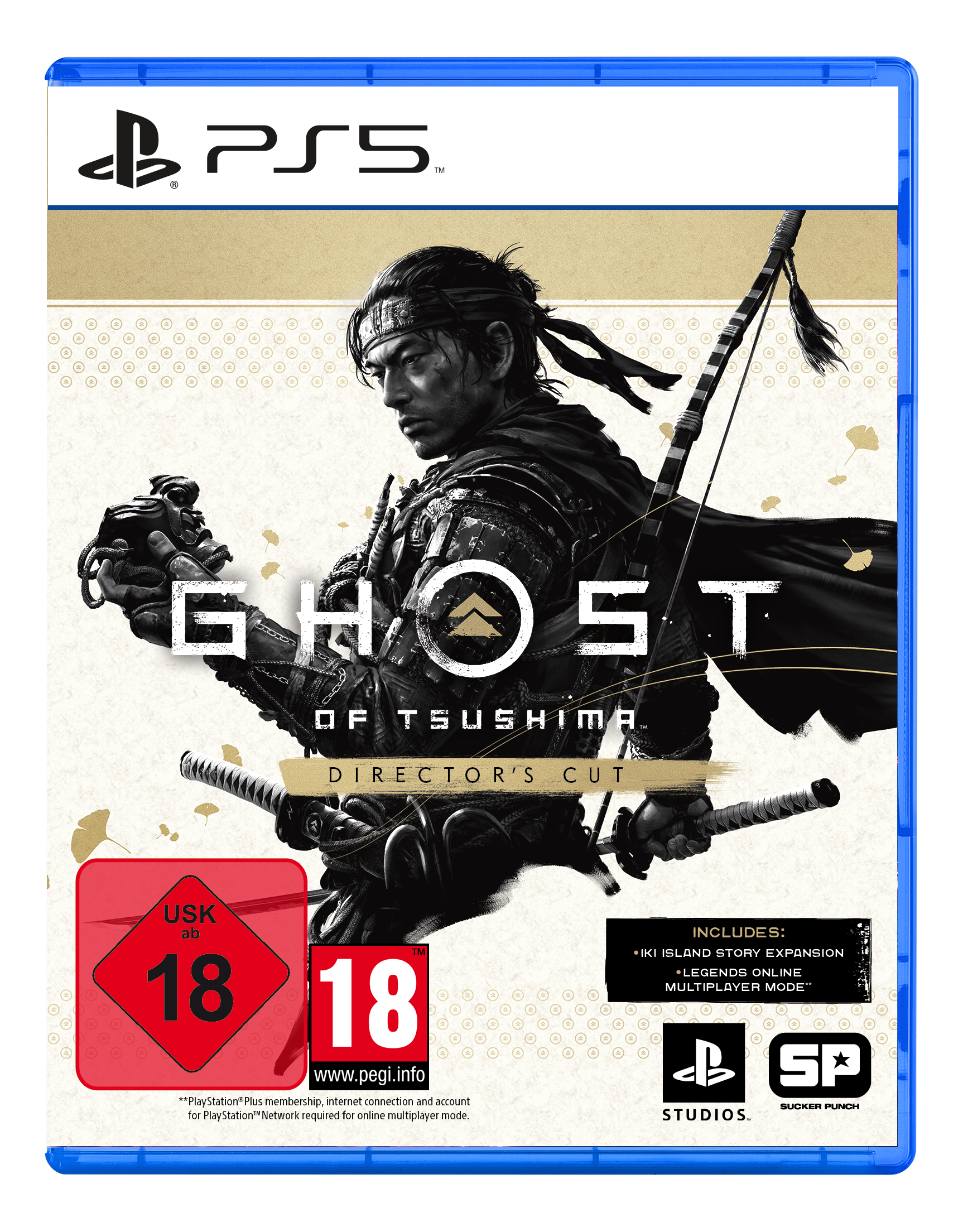 Copertina del gioco Ghost of Tsushima Director's Cut PS5, figura di samurai, sfondo nero.