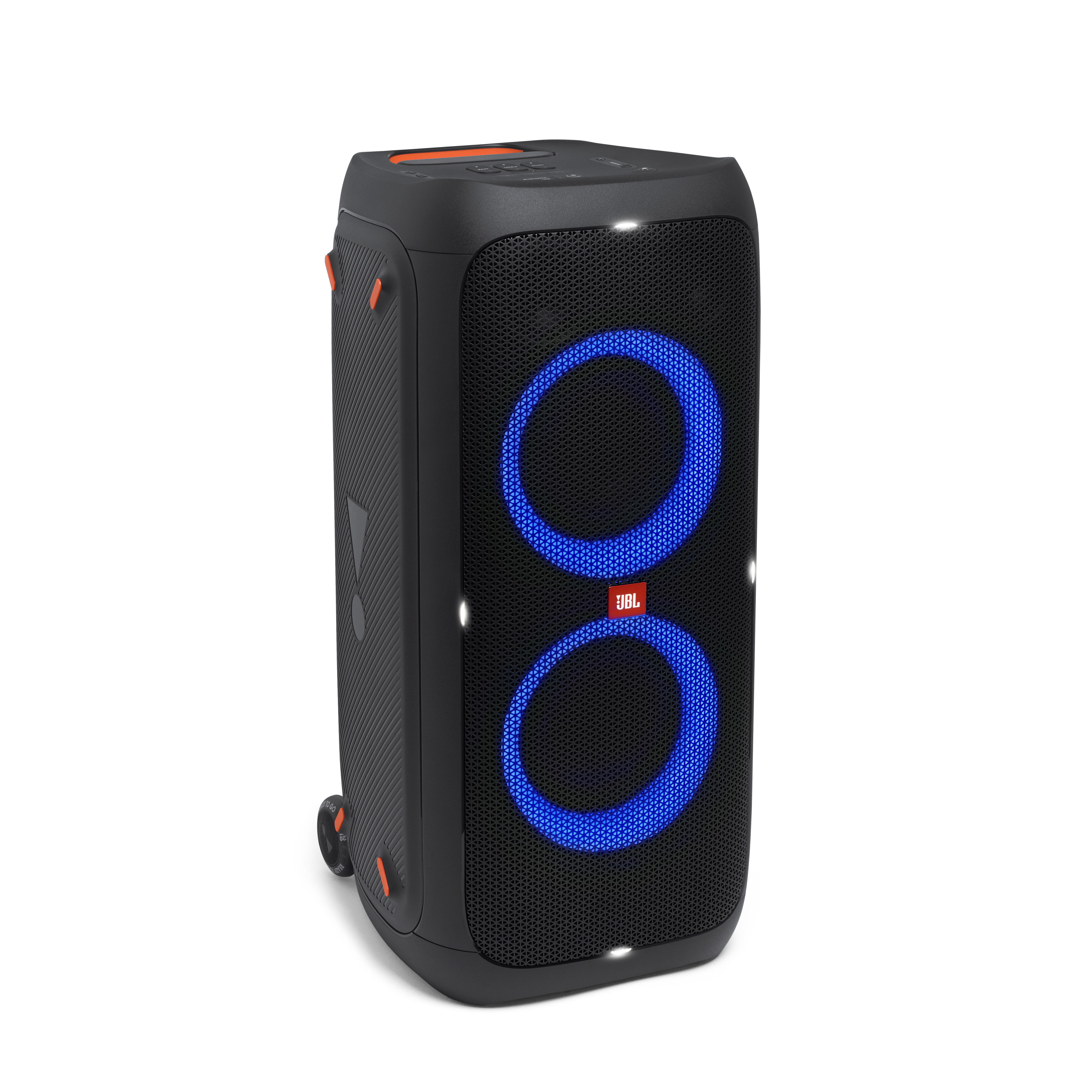 Schwarzer und blauer JBL-Lautsprecher mit großen blauen Kreisen und schwarzem Mesh-Front.
