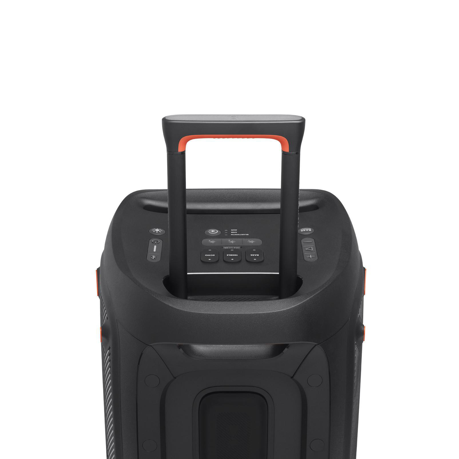Schwarzer JBL-Lautsprecher mit orangefarbenem Griff. Bedienelemente, einschließlich Lautstärketasten, sind sichtbar.