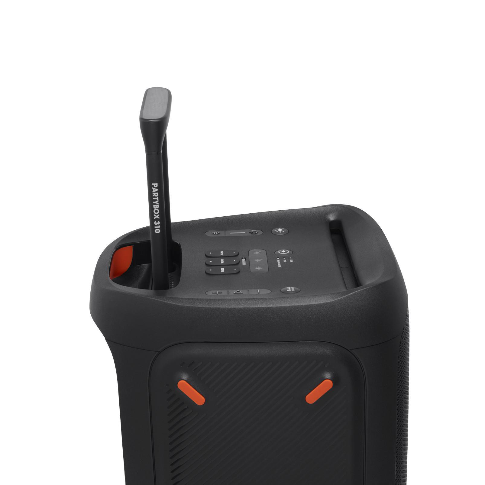 Schwarzer JBL PartyBox 310 Lautsprecher. Er hat einen Griff und Bedienelemente. Orangefarbene Akzente sind sichtbar.