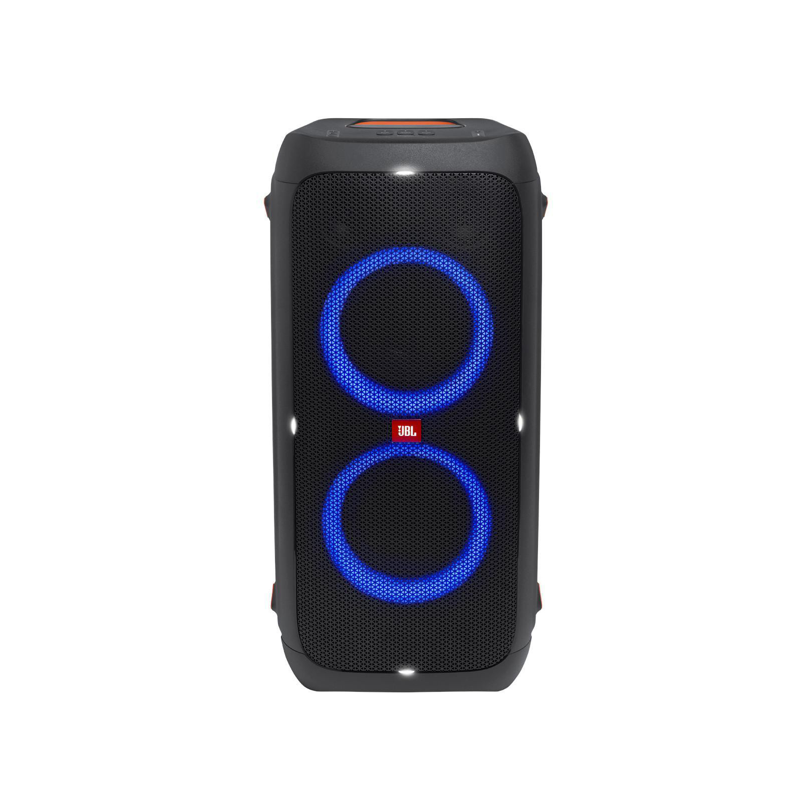 Schwarzer JBL-Lautsprecher mit blau beleuchteten Kreisen.