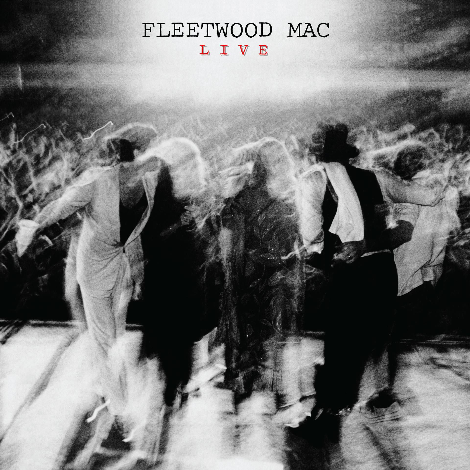 Fleetwood Mac Live album borítója. Emberek táncoló sziluettjei. Fekete-fehér, piros szöveggel.