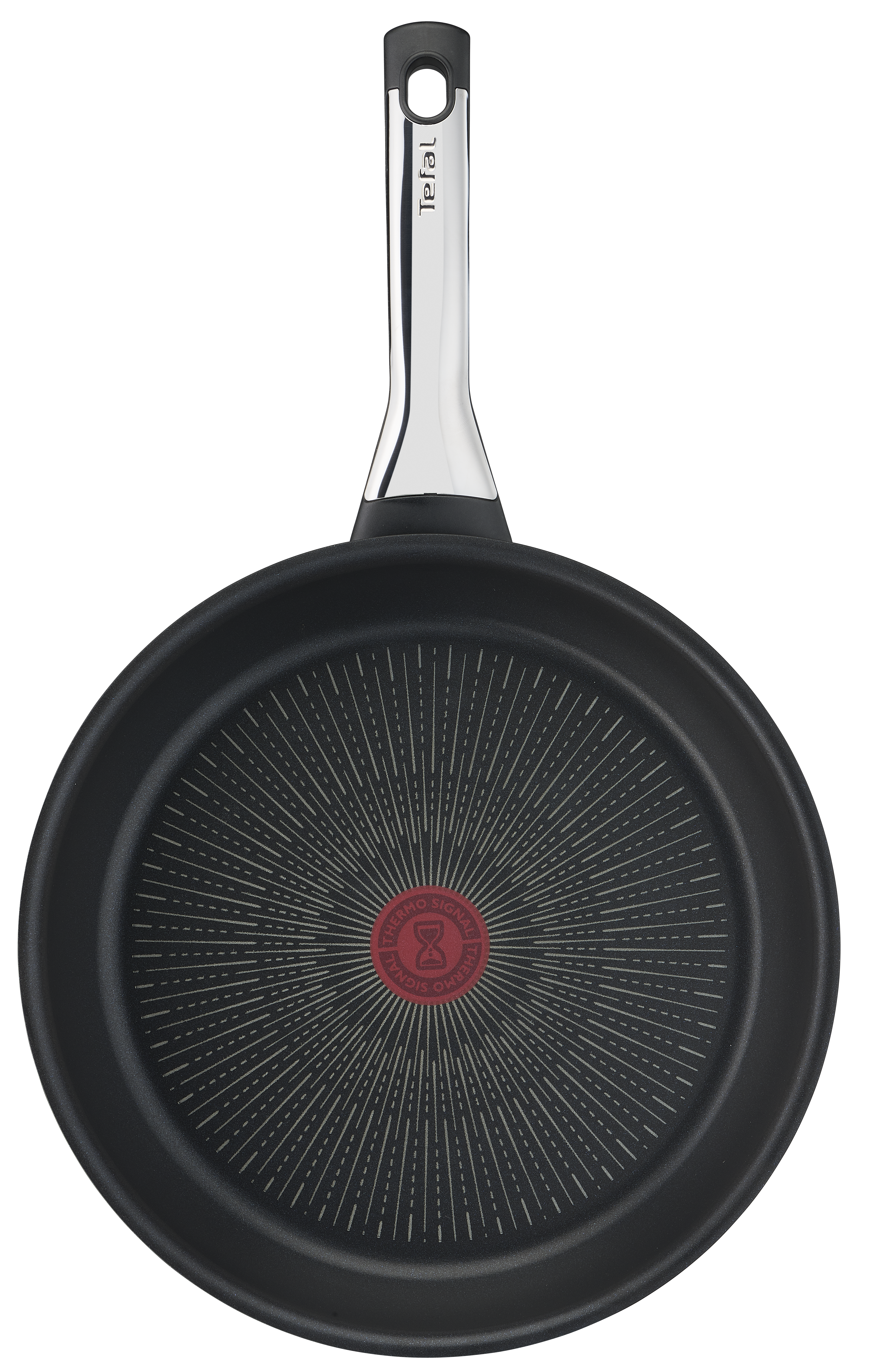 Fekete Tefal serpenyő ezüst fogantyúval és piros Thermo-Signal jelzővel, fehér háttérrel.