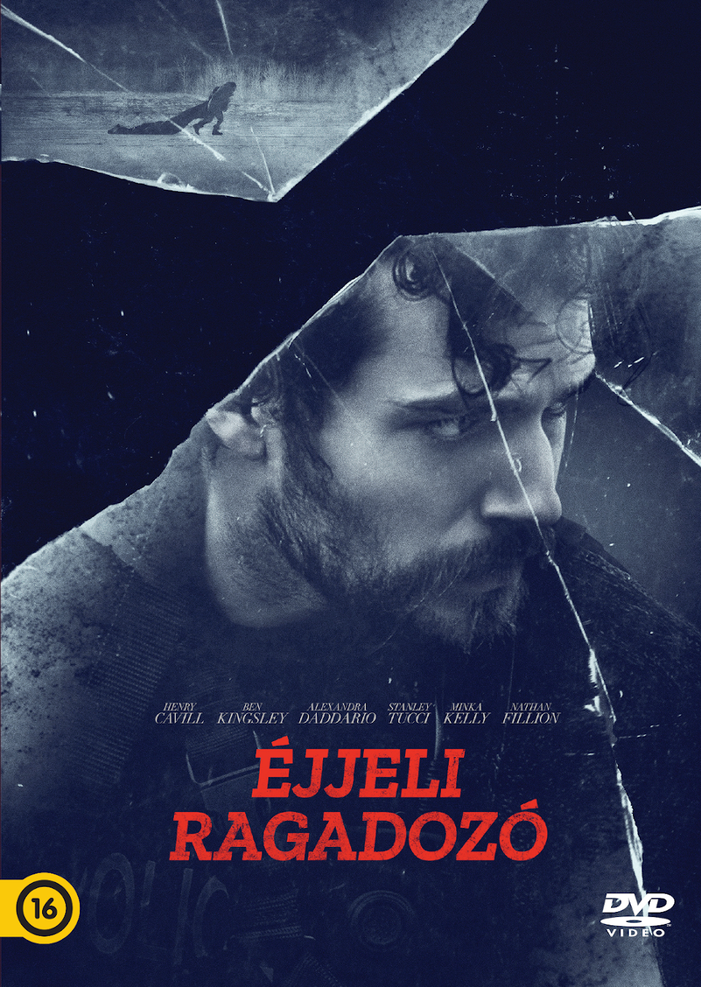 Az 'Éjjeli Ragadozó' DVD borítója. Egy férfi arca a törött üvegen át. A szöveg magyarul.
