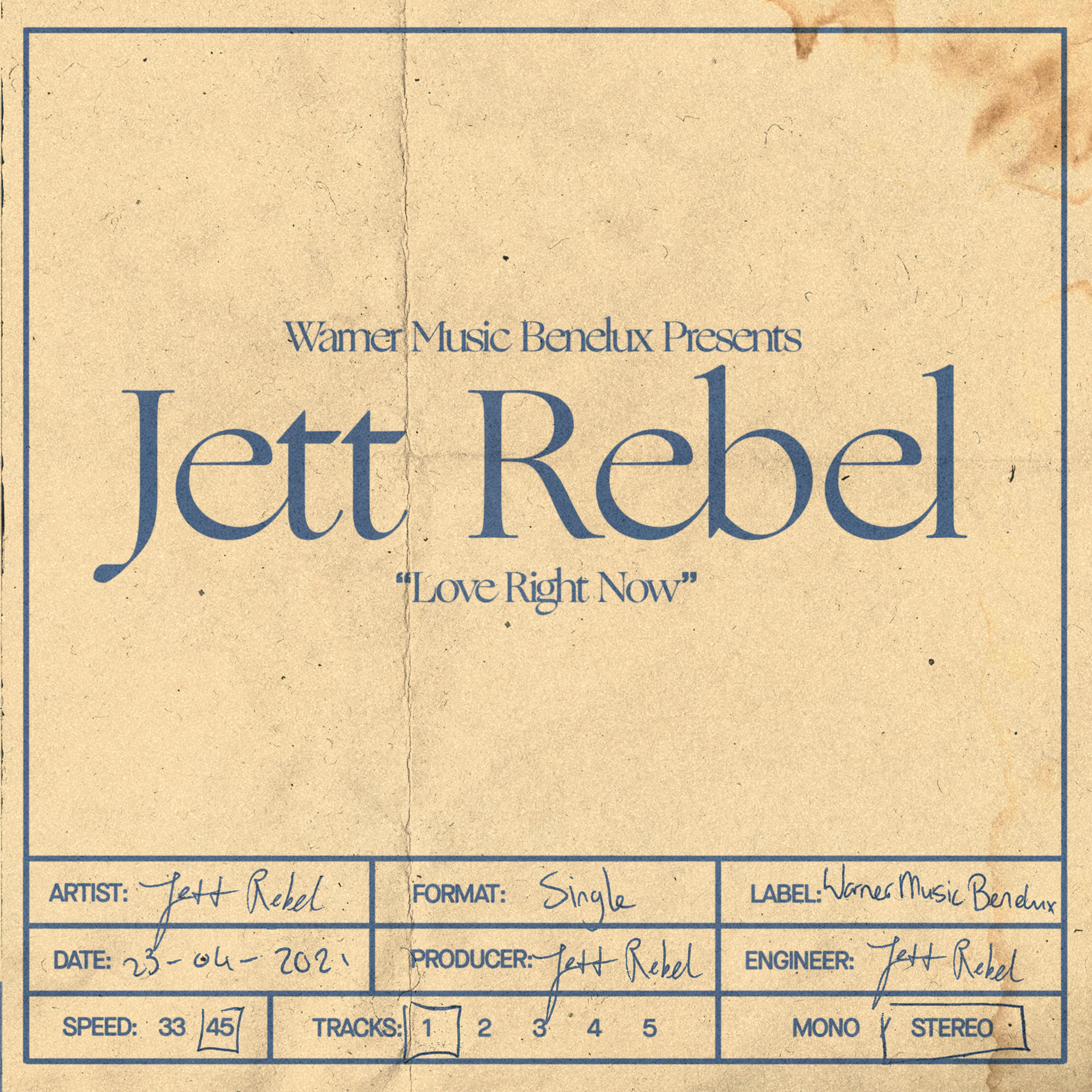 Plattenlabel mit dem Titel Jett Rebel und Informationen auf blauem Hintergrund.