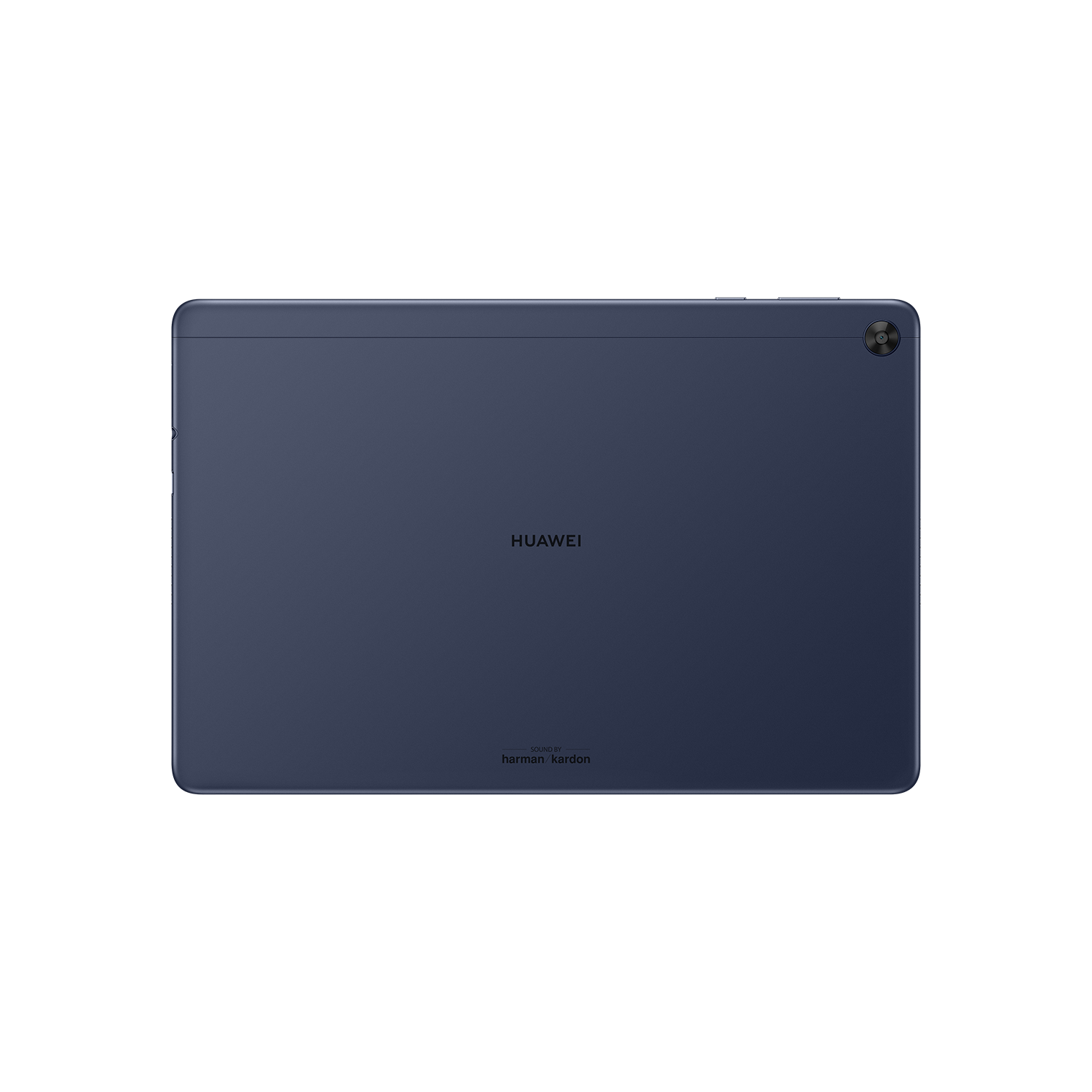 Una tableta azul con el logo de Huawei y las palabras 'harman/kardon' sobre fondo negro.