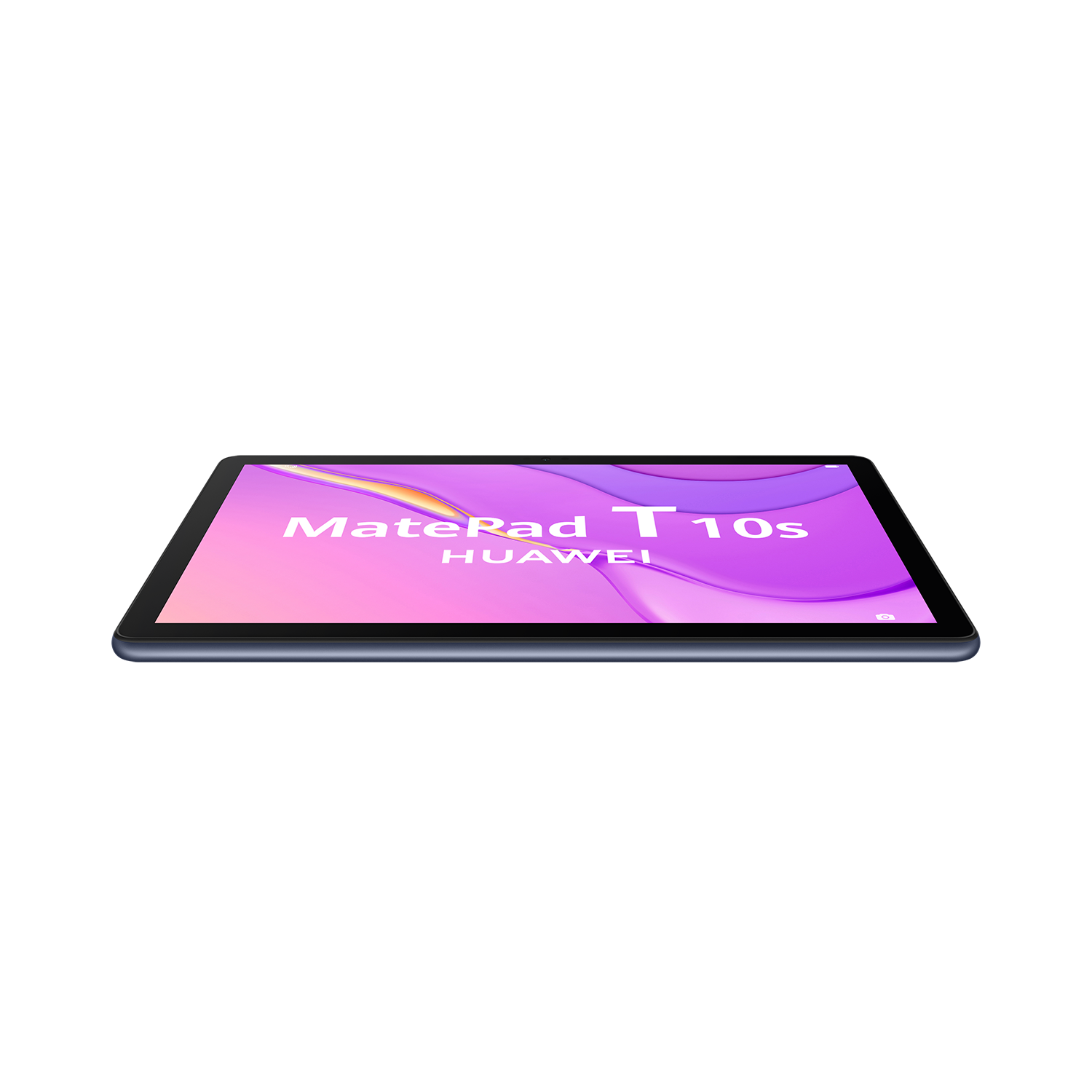 Una tableta Huawei MatePad T 10s, vista en ángulo sobre un fondo negro.