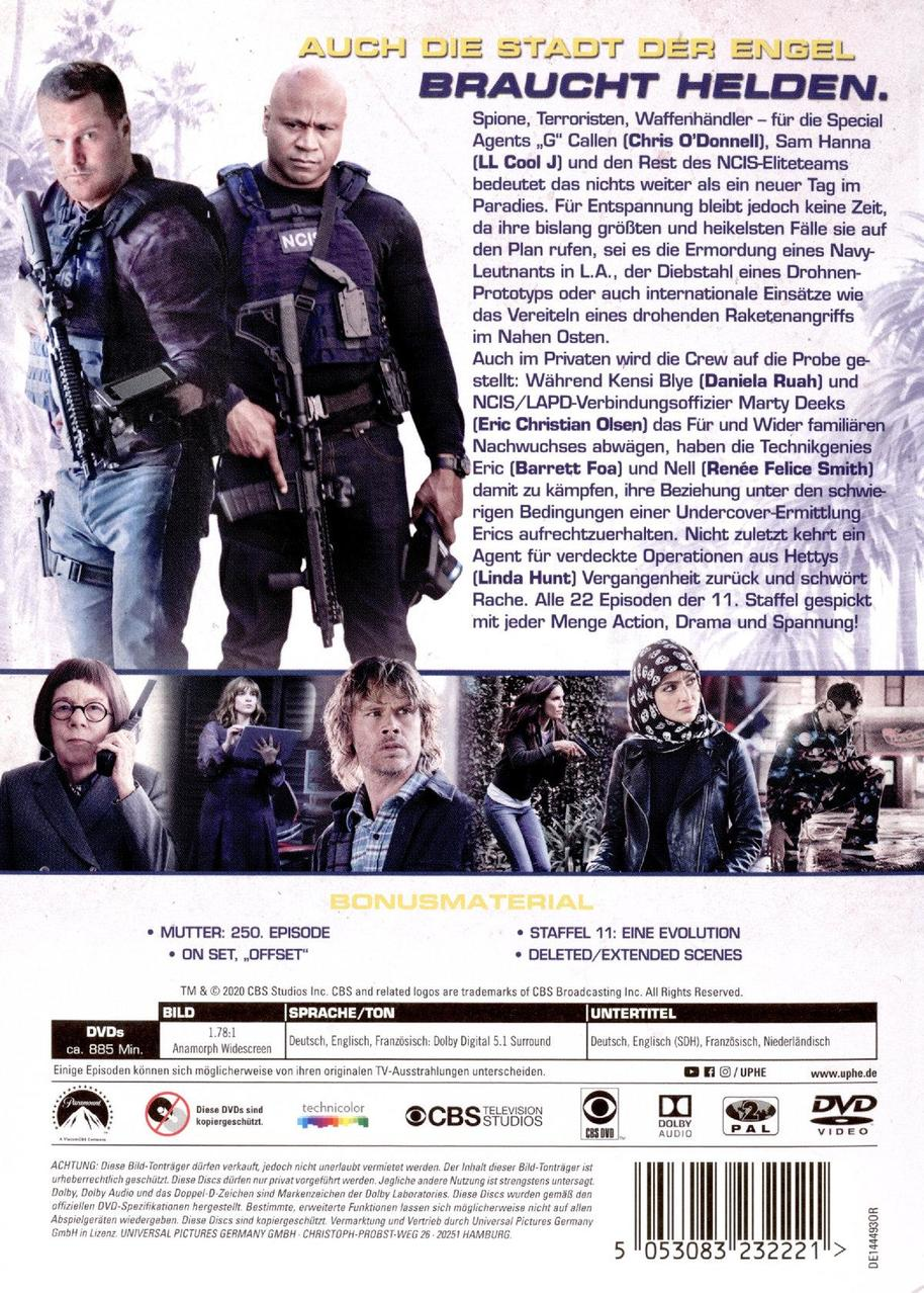 Die Rückseite einer DVD-Hülle mit Schauspielern mit Waffen und Text auf Deutsch.