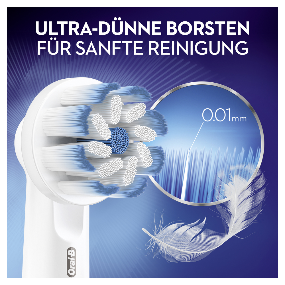 Nahaufnahme eines weißen Zahnbürstenkopfes mit blauen und weißen Borsten und einer Feder.