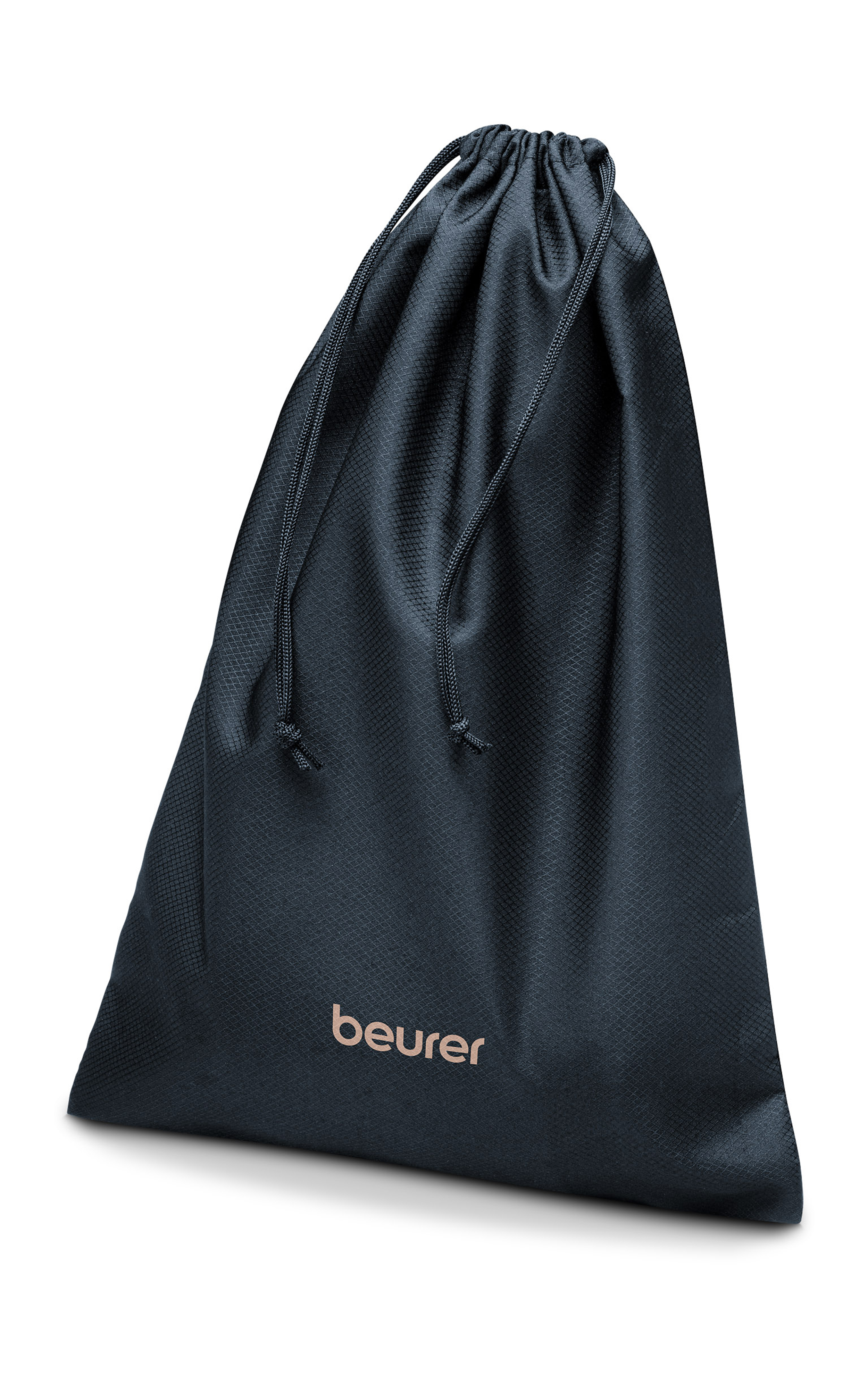 Dunkelblauer Beutel mit Kordelzug und dem Wort "beurer" in Roségold.