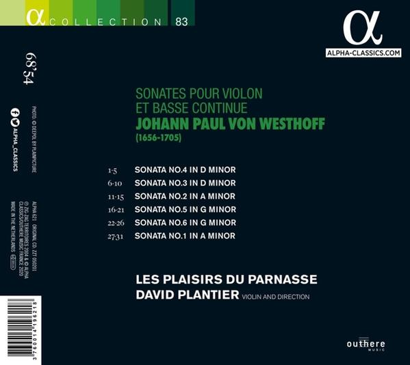 Cd-hoes met tekst over sonates voor viool en bas, Johann Paul von Westhoff.