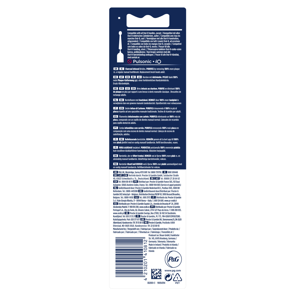 Rückseite einer Zahnbürstenverpackung. Text in mehreren Sprachen. P&G-Logo und Recycling-Informationen.