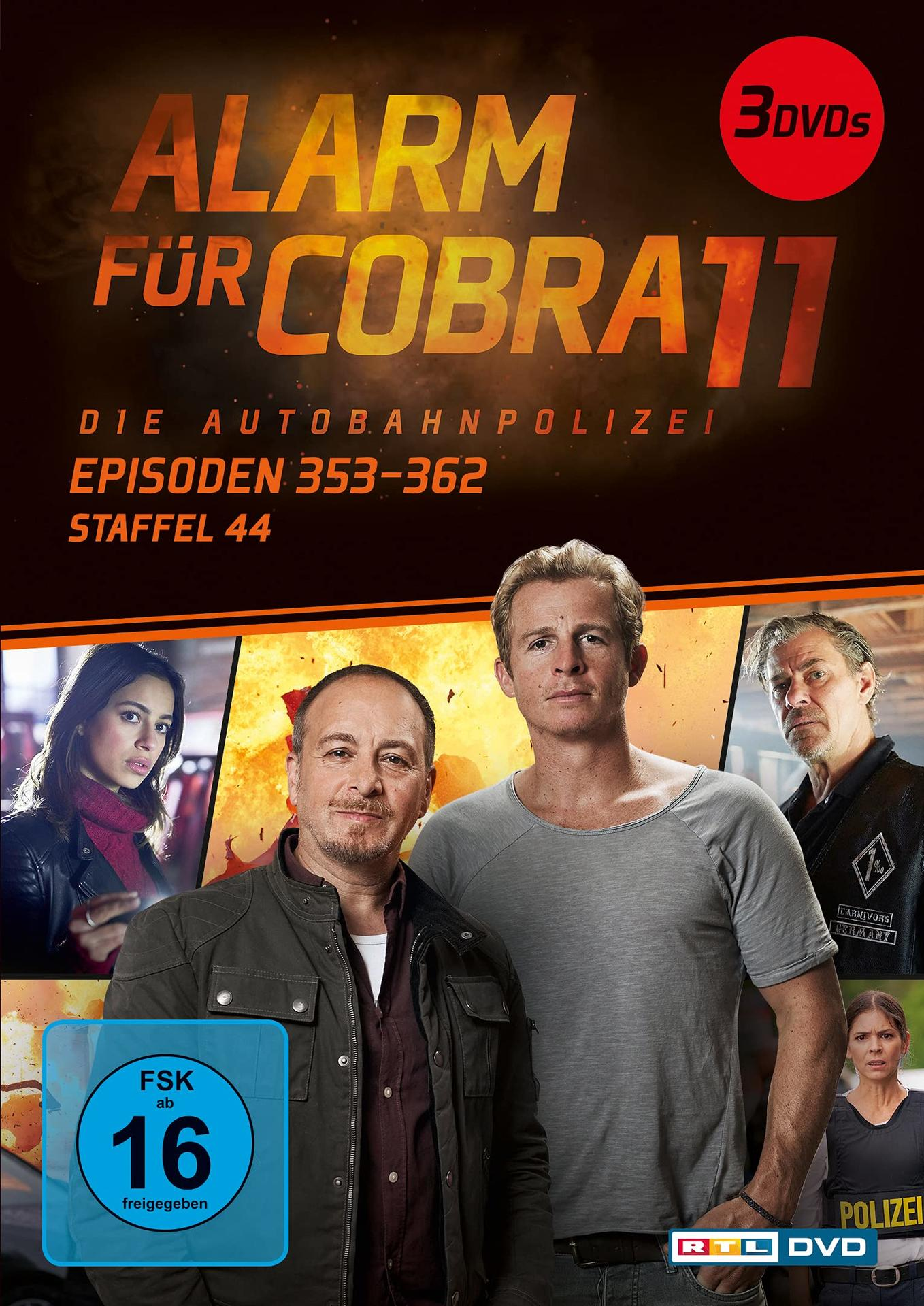 DVD-Cover mit Personen, Text Alarm für Cobra 11. Mehrere Personen sind auf dem Cover. Rote und schwarze Farbe.