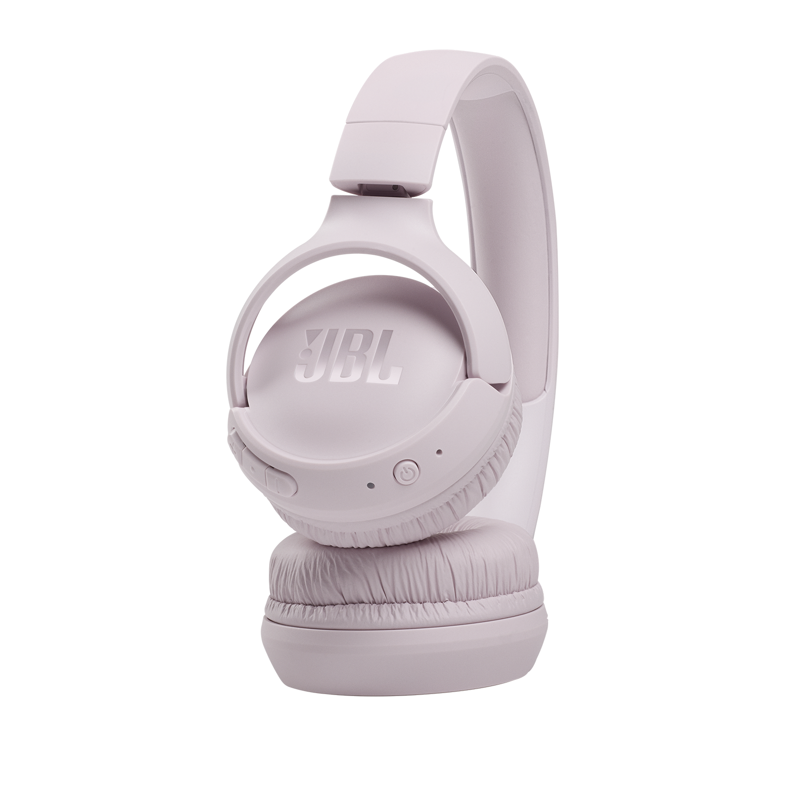 Açık pembe JBL kulaklık, JBL logosu ve bir güç düğmesi ile.