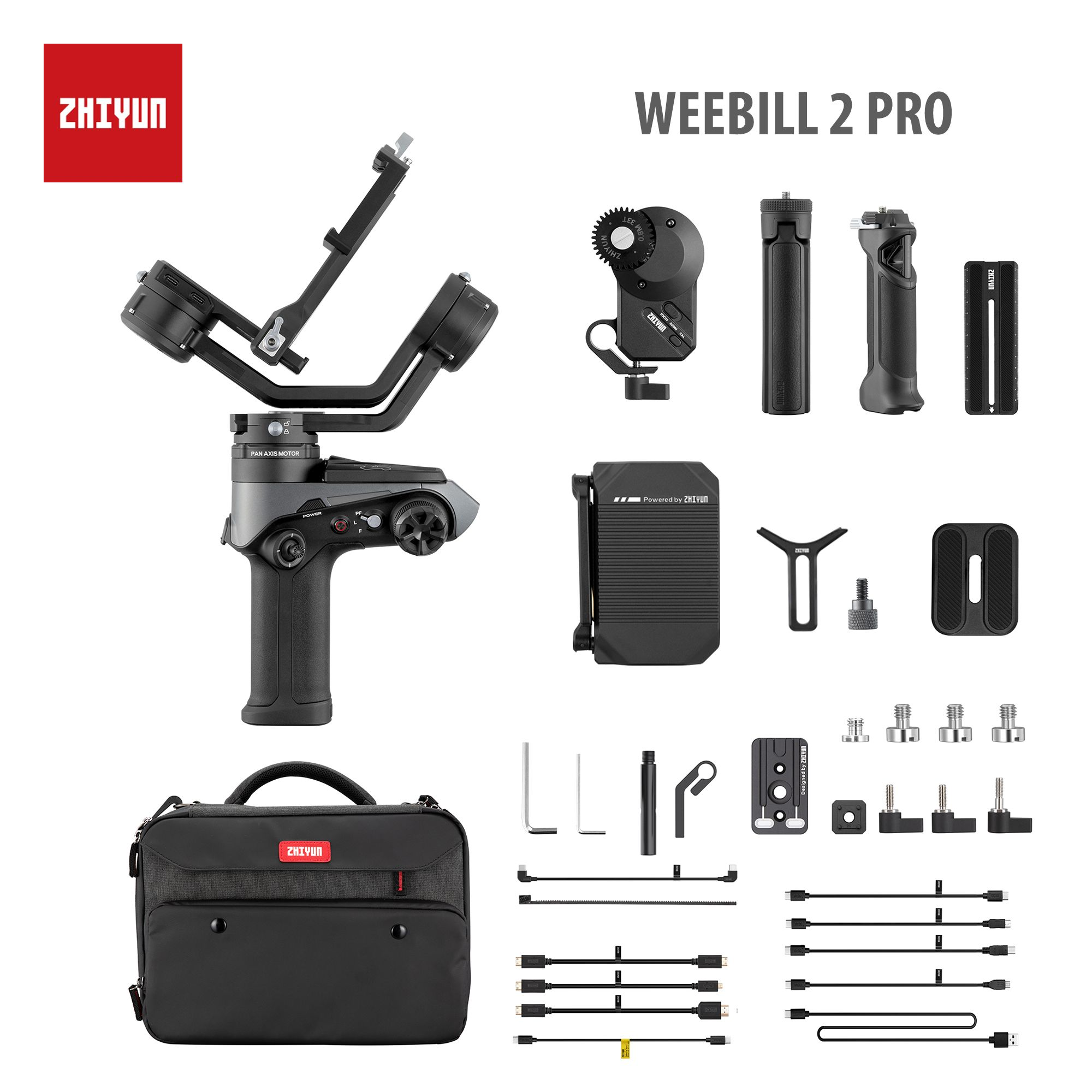 Ein ZHIYUN WEEBILL 2 PRO Stabilisator-Kit. Es enthält eine Tasche, Kabel und verschiedene Komponenten.