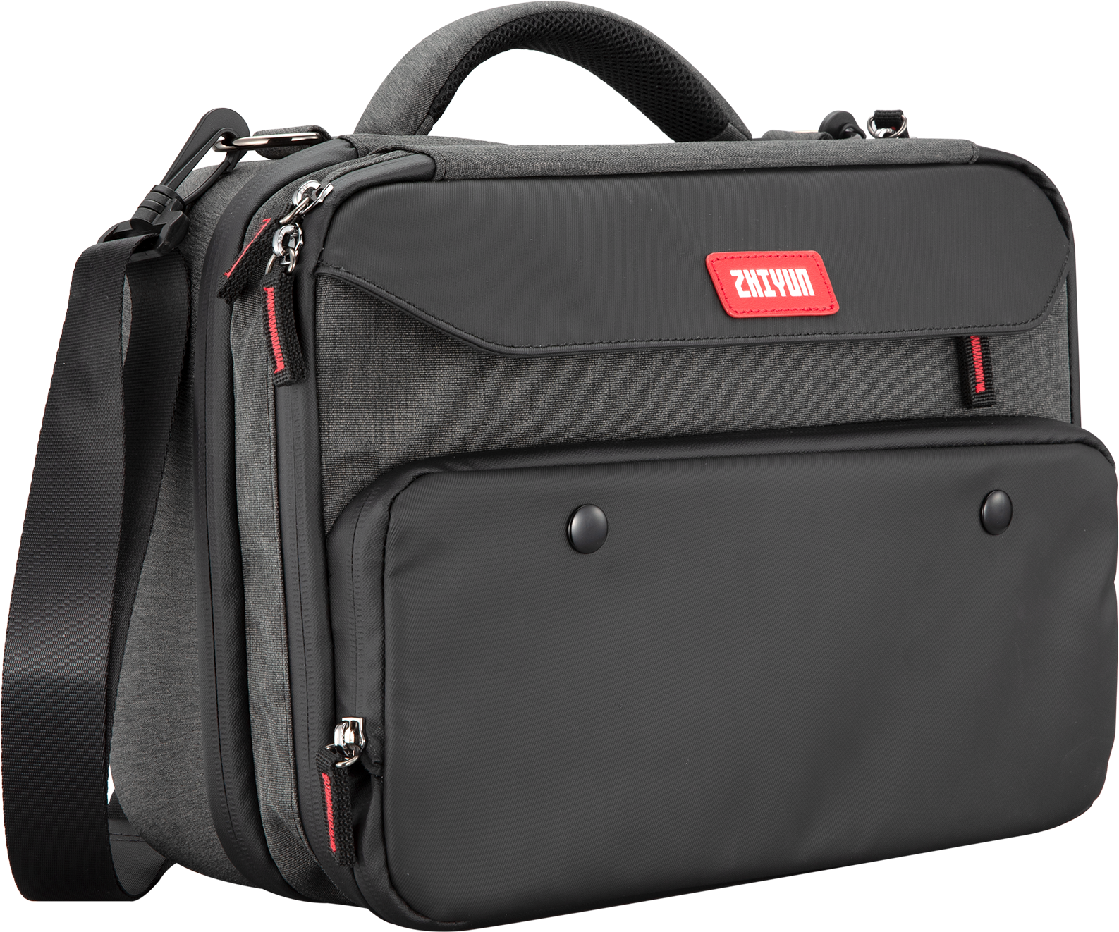 Graue und schwarze Umhängetasche mit rotem "ZHIYUN"-Logo. Die Tasche hat einen Griff und einen Schultergurt.