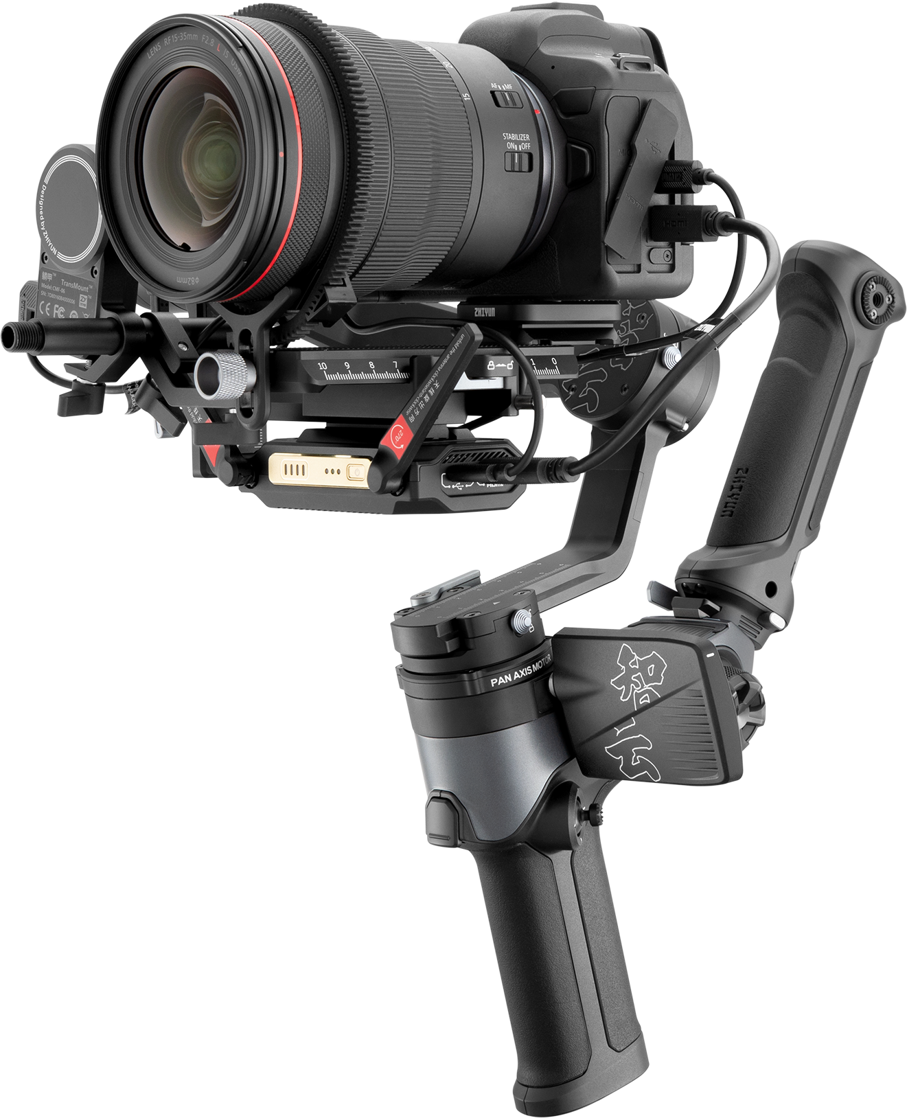 Eine Kamera, die auf einem Gimbal-Stabilisator montiert ist, schwarz mit roten Akzenten.