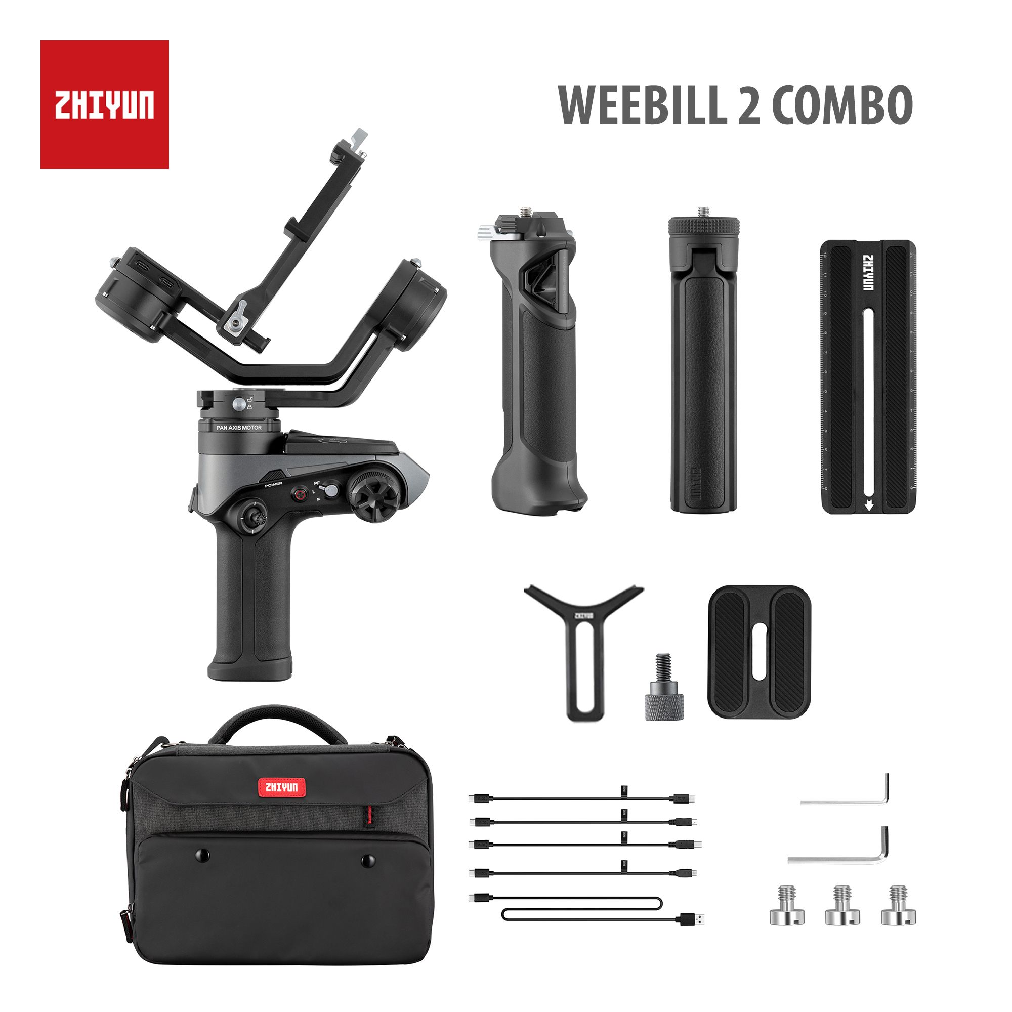 Ein Zhiyun Weebill 2 Combo Kit, einschließlich Gimbal, Griff, Kabel und Tragetasche.