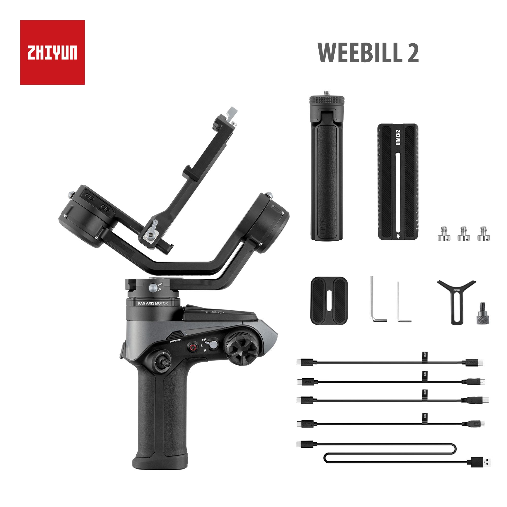 Ein Satz Kamerastabilisator-Teile, einschließlich Griff, Kabel und Stabilisator.