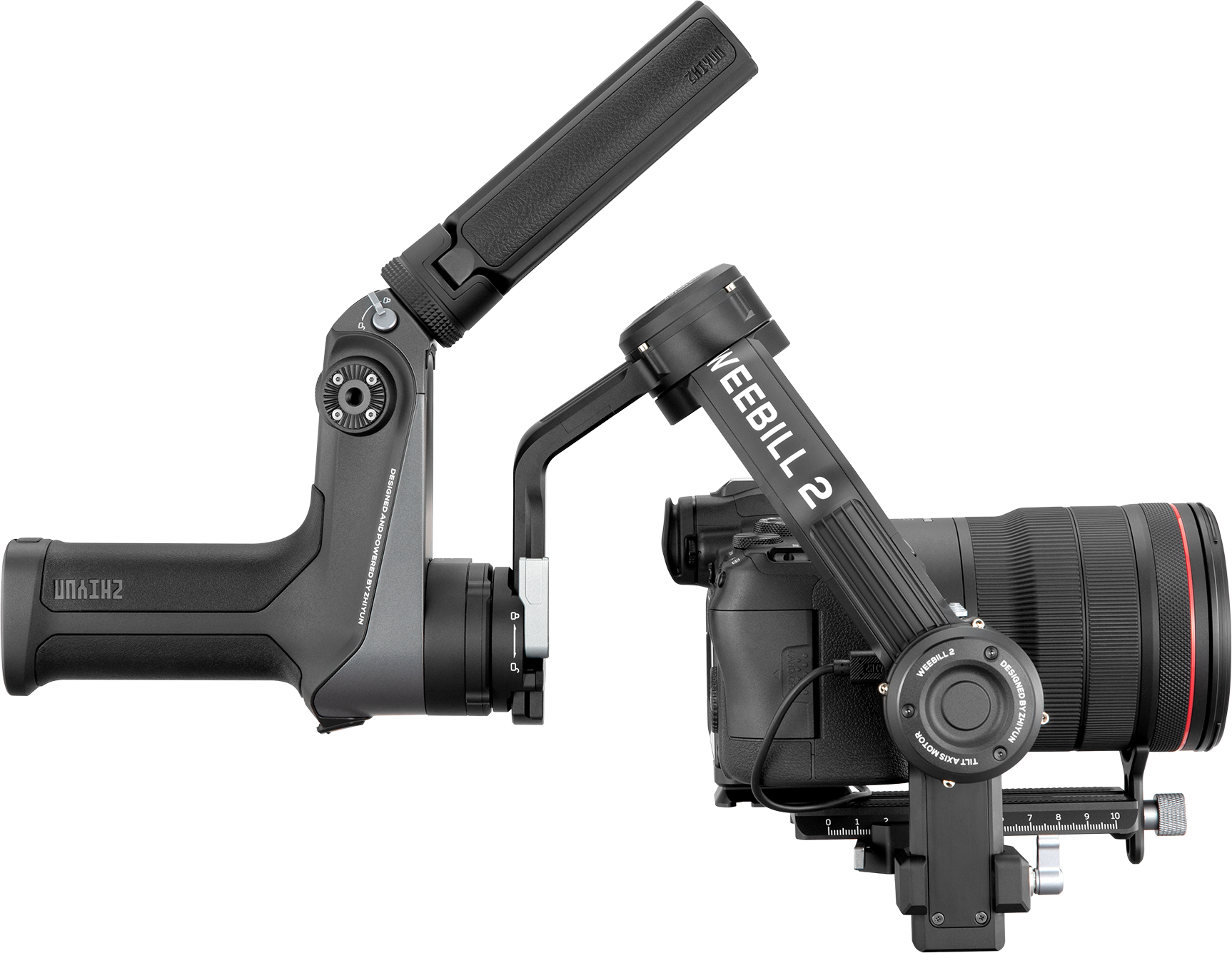 Ein ZHIYUN WEEBILL 2 Pro Gimbal mit befestigter Kamera, Seitenansicht.