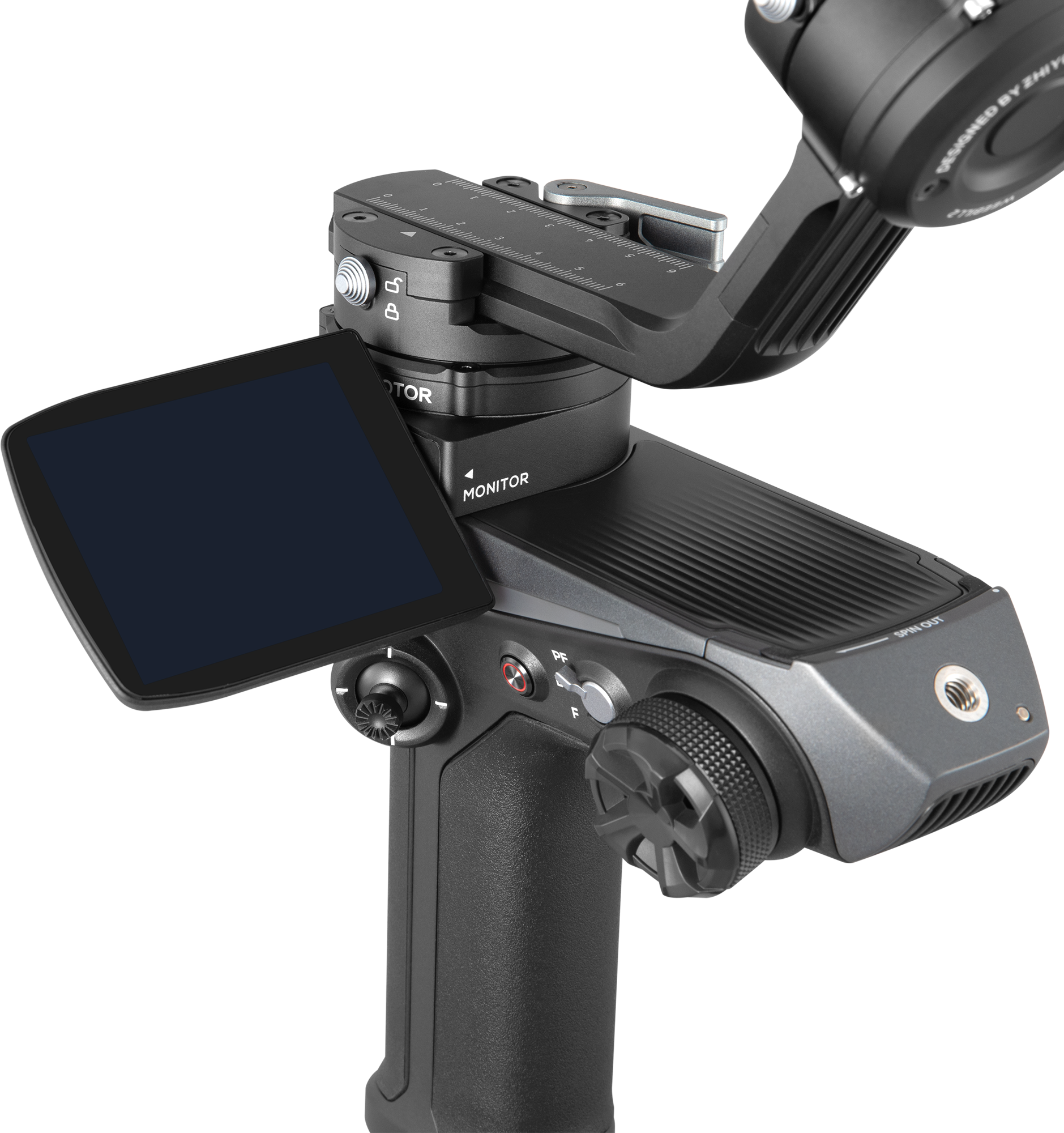 Ein schwarzer Gimbal-Stabilisator mit einem angebrachten Bildschirm, leicht angewinkelt.